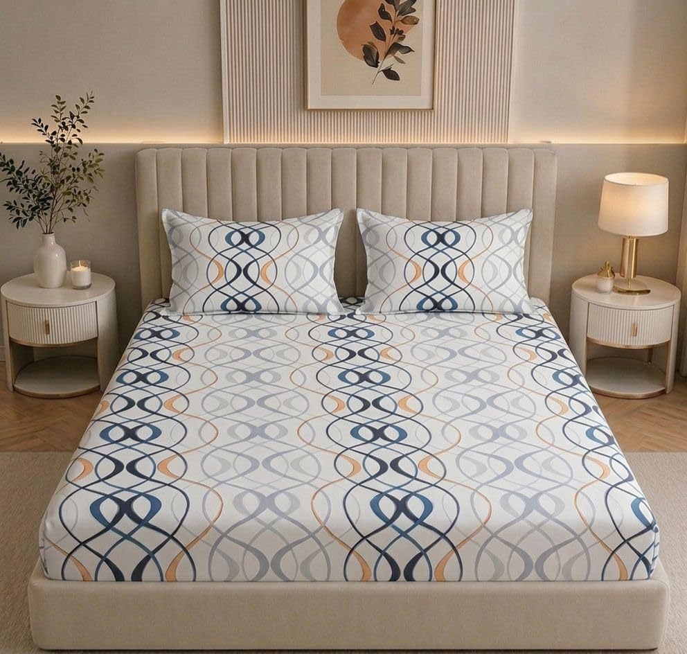 Image of Castiqa Elastic Fitted Supersoft Premium Brushed Cotton 200TC King Size Bedsheets with 2 Pillow Covers (Fits Upto Mattress of 10 Inches) (King (72x78), Sketchered)
