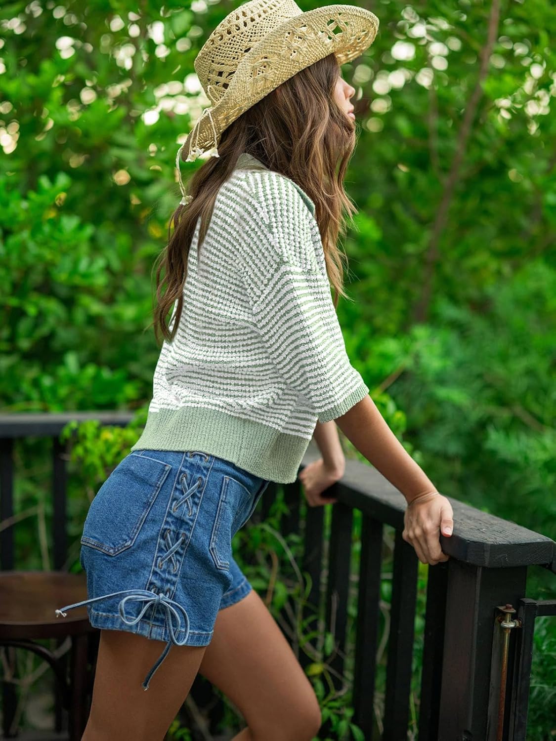 Womens Striped Cropped Sweater Short Puff Sleeve Fall Sweaters V Neck Tops Knit Casual Pullover Shirts Outfits - Image 7