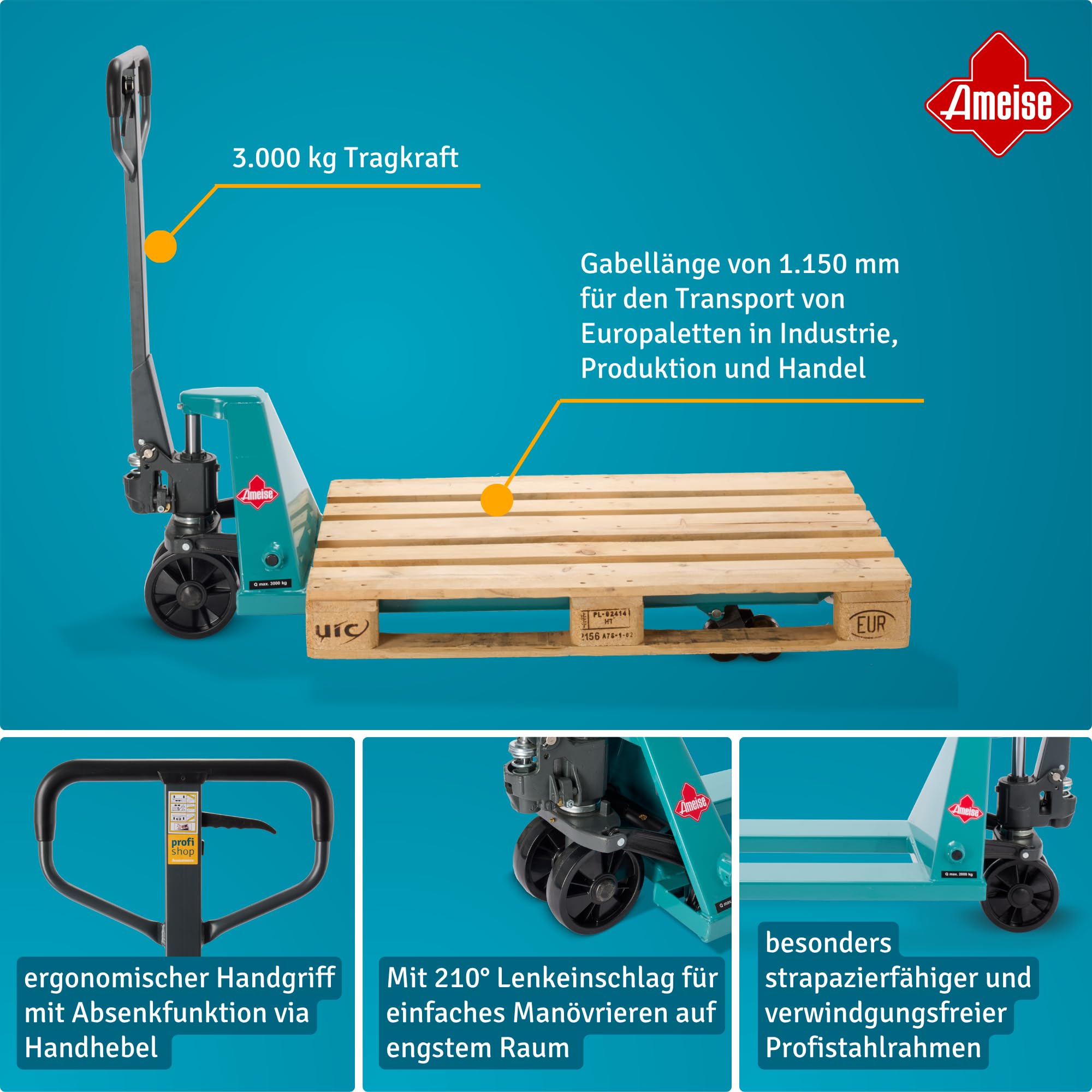 Ameise Hubwagen PTM | 3.000 kg Tragkraft | 1.150 mm Gabellänge | Lenkrad/Gabelrolle aus robustem Polyurethan | Tandem-Gabelrollen | Palettenhubwagen