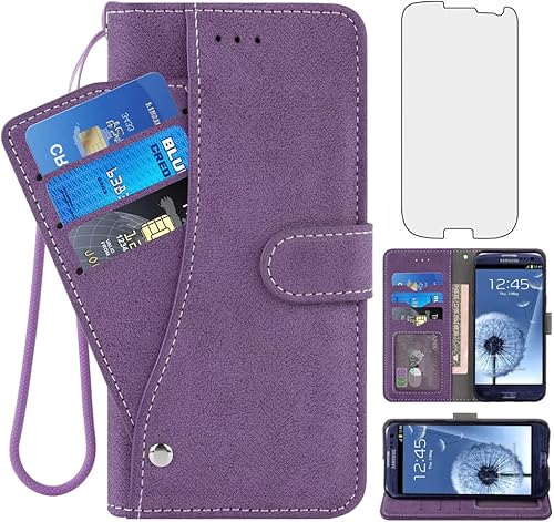 Asuwish Funda compatible con Samsung Galaxy S3 y protector de pantalla de vidrio templado, funda tipo folio, tarjetero para celular Gaxaly SIII Neo