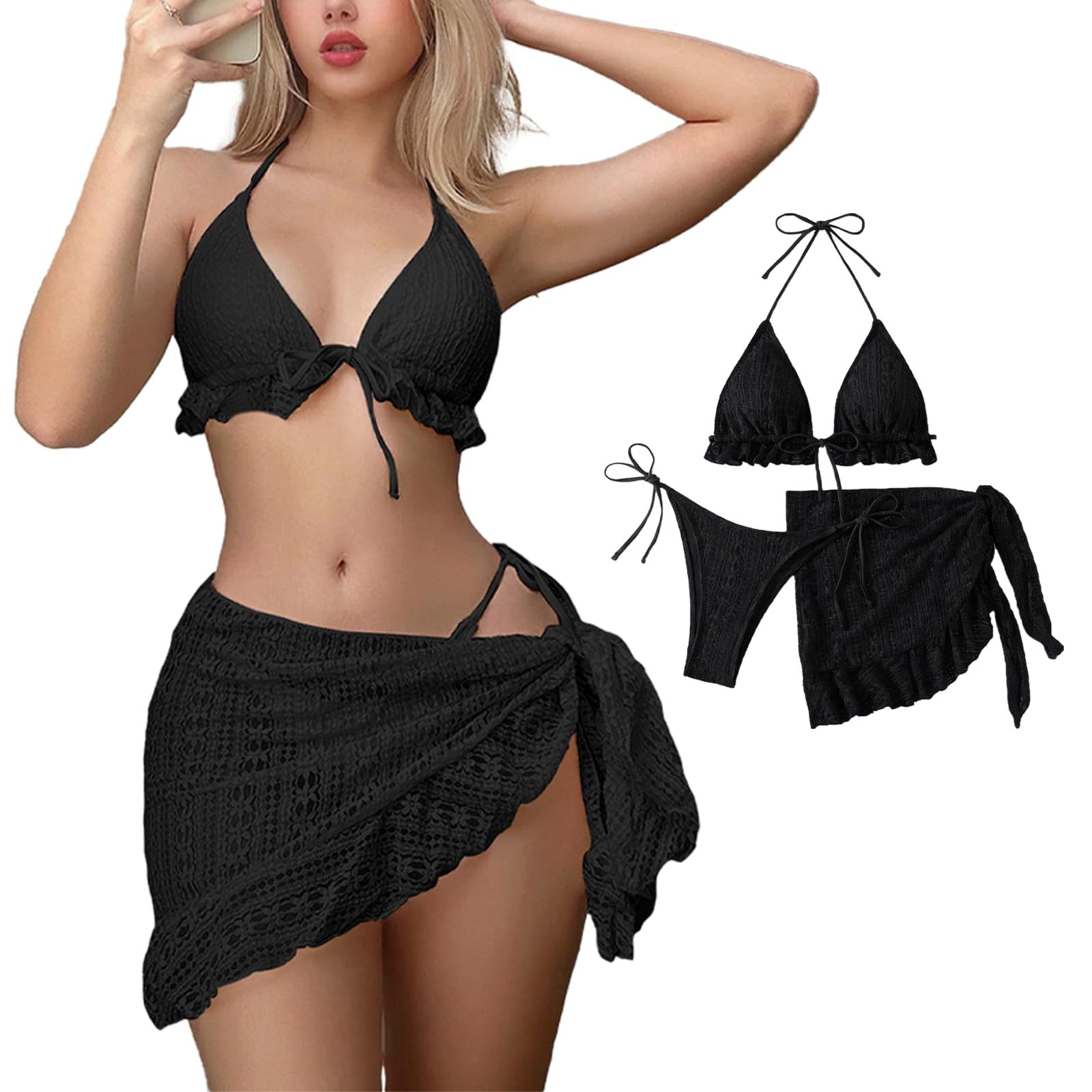 ZCJ Bikini Damen Set Einfarbiger Sexy Triangle Bikini Low Waist Bademode Zweiteiliger Badeanzug Swimsuit mit Tüllrock 3 Teiliger Bikini-Sets