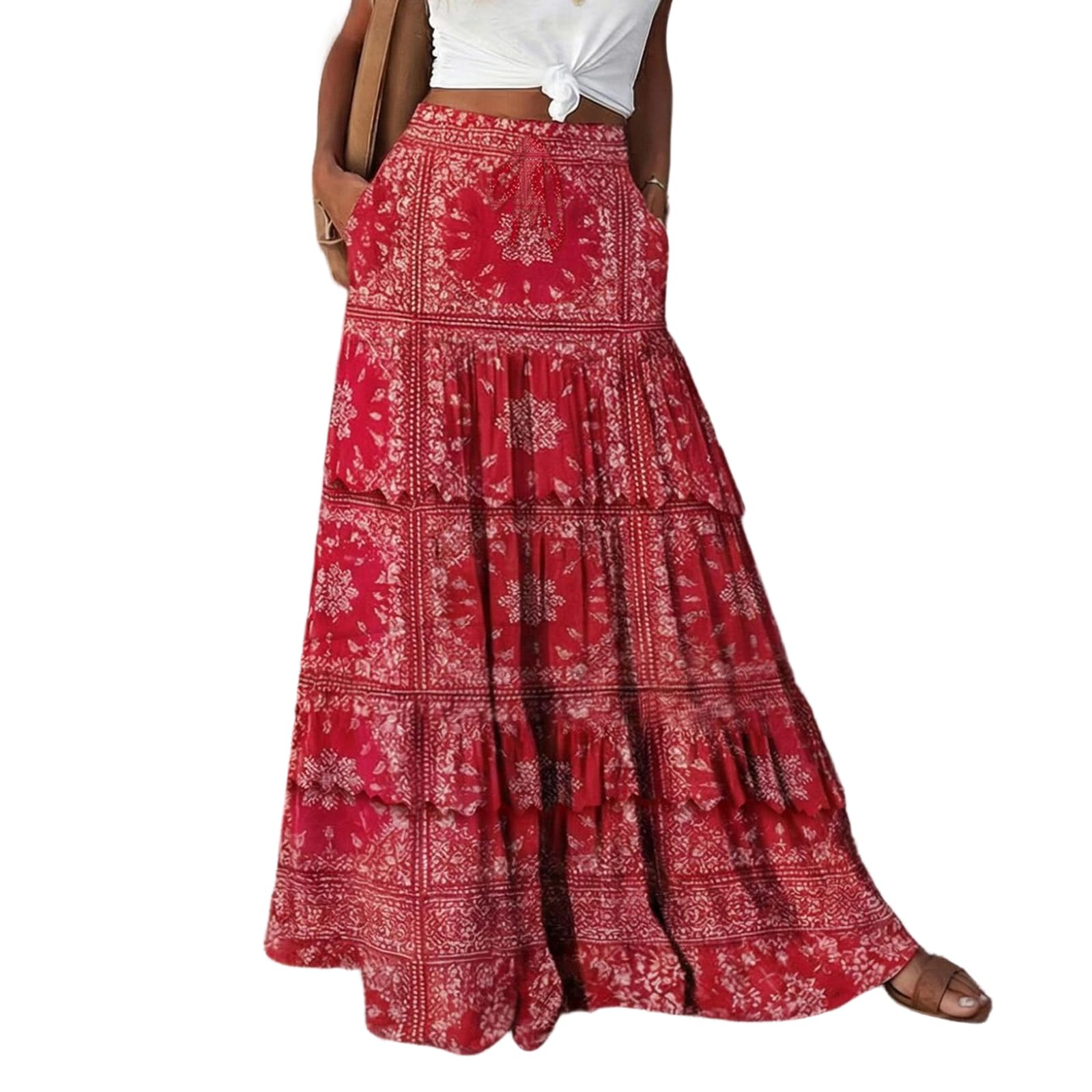 Long Skirts for Women Summer High Waisted Bohemian Ruffle Floral Maxi Skirt Casual Pleated A Line Tiered Flowy