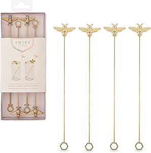 Twine Stir, Gold Bumble Bee Swizzle Sticks Stainless Steel Drink Stirrers, Plated Cocktail Accessories, Highly Detailed, Set of 4