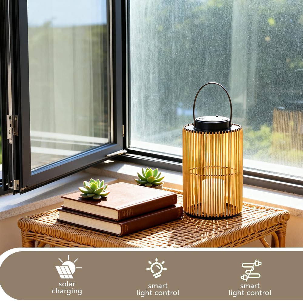 Set di 2 lanterne solari per esterni, stile boho, effetto rattan, per giardino, balcone e terrazza, accensione e spegnimento automatici, impermeabili