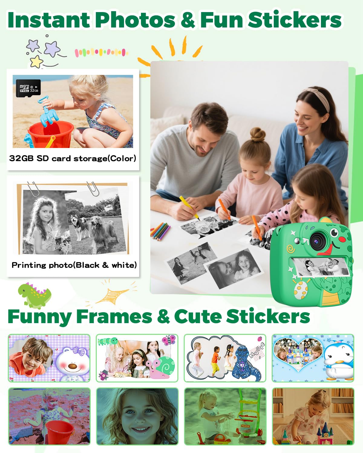 CHRERNA Macchina Fotografica Bambini Istantanea, Fotocamera Istantanea per Bambini con Carta da Stampa e Carta 32GB, Regalo per Bambini per Ragazze Ragazzi da 3-12