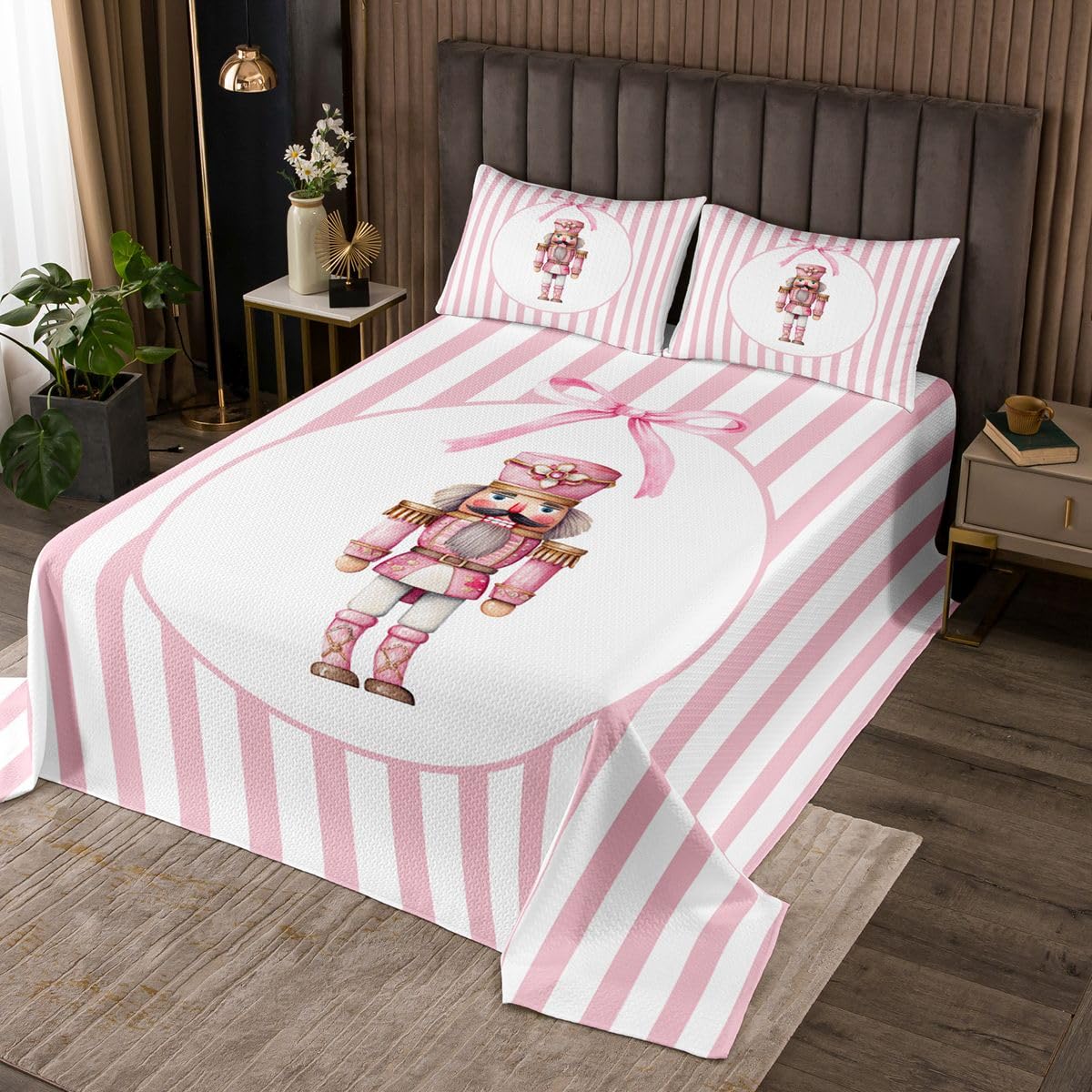 Kołdra z dziadkiem do orzechów z 2 miseczkami na poduszki, na Boże Narodzenie, Lovely Dreamy Bowknot Coverlet, rozmiar M, dla nastolatków, dorosłych, na zimę, Boże Narodzenie, paski