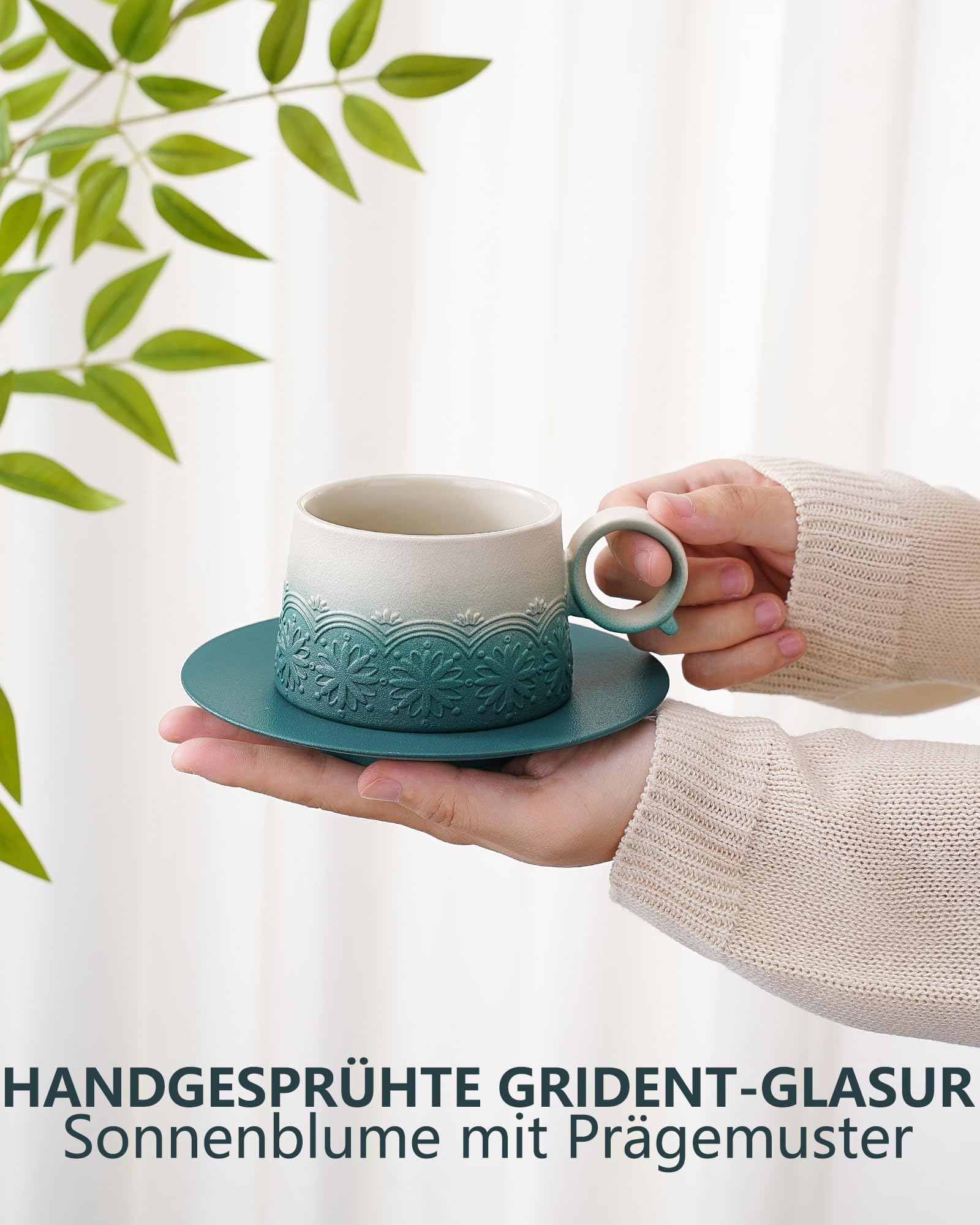 ZENS Cappuccino-Tassen Set, 2 Stück – 237 Ml Keramik Mit Untertassen, Moosgrün & Schwarz – Für Latte Art
