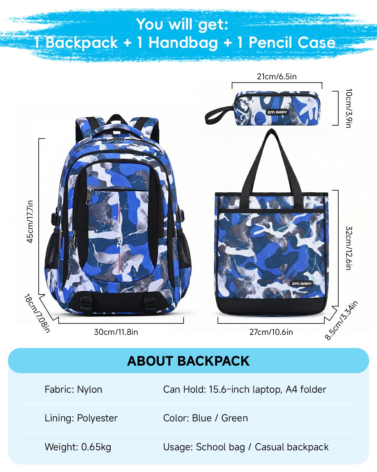 Amythe Mochila Escolar para Adolescente Chico 10-18 Años, Set de Mochila Casual Impermeable Camuflaje con Bolso de Hombro y Estuche para Instituto, Colegio, Universidad,Camuflaje