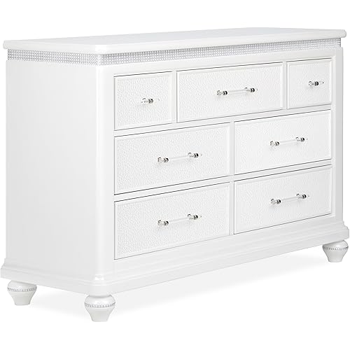 Evolur Nova Double Dresser – 7 Drawer Solid Wood Nursery & Bedroom Storage Organizer, Stardust Finish with Crystal Accents, ASTM Certified