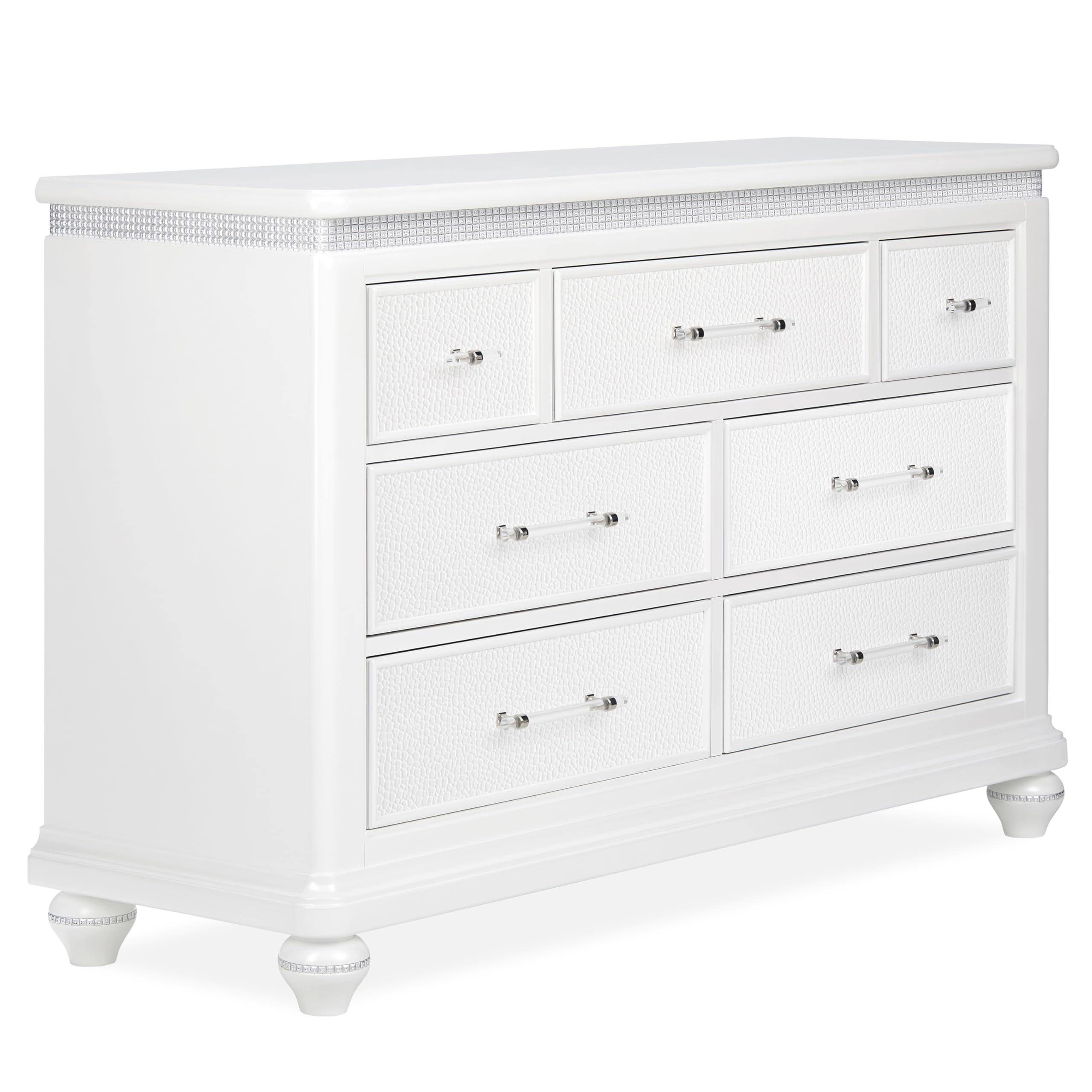 Evolur Nova Double Dresser – 7 Drawer Solid Wood Nursery & Bedroom Storage Organizer, Stardust Finish with Crystal Accents, ASTM Certified