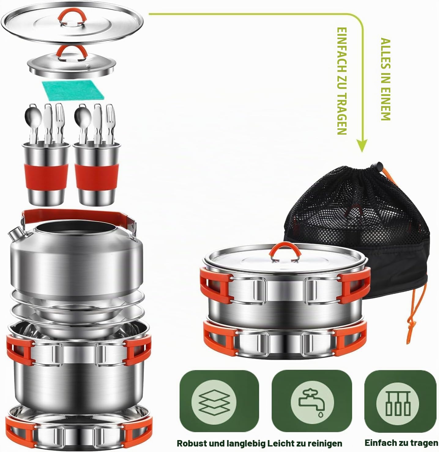 Camping Kochgeschirr Kit, 304 Edelstahl Camping Kochset, Camping Topf und Pfanne Set mit Wasserkocher Tassen Teller Gabeln Messer Löffel für Camping Outdoor Wandern Picknick RVs für 2-3 Personen