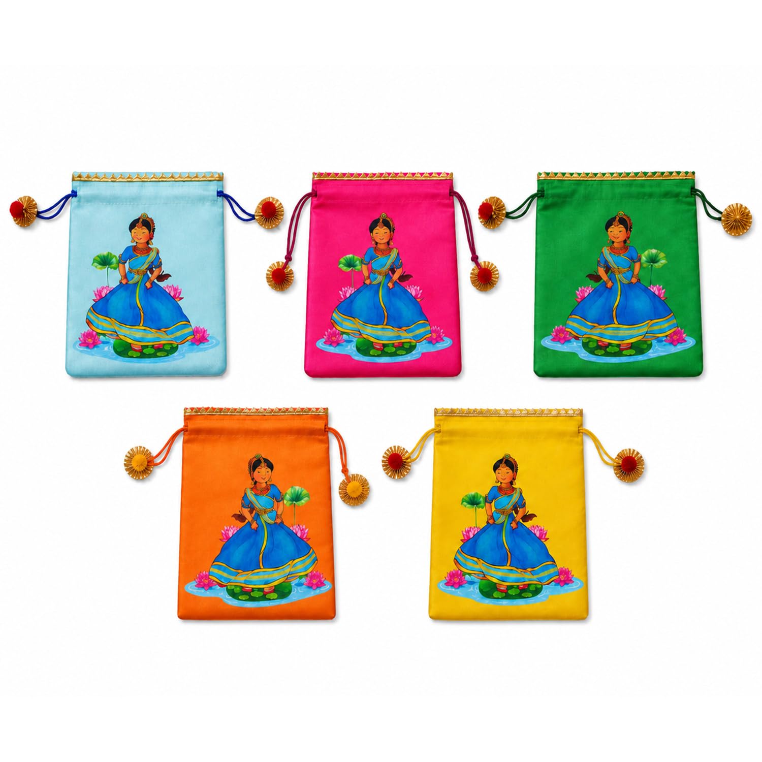 WRAPPING STUDIO Traditional Printed Potli Bags with Drawstring & Decorative Tassels | Multicolor Gift Pouches for Wedding, Haldi, Mehndi, Festivals, Return Gifts & Special Occasions (Set of 5)-image-28