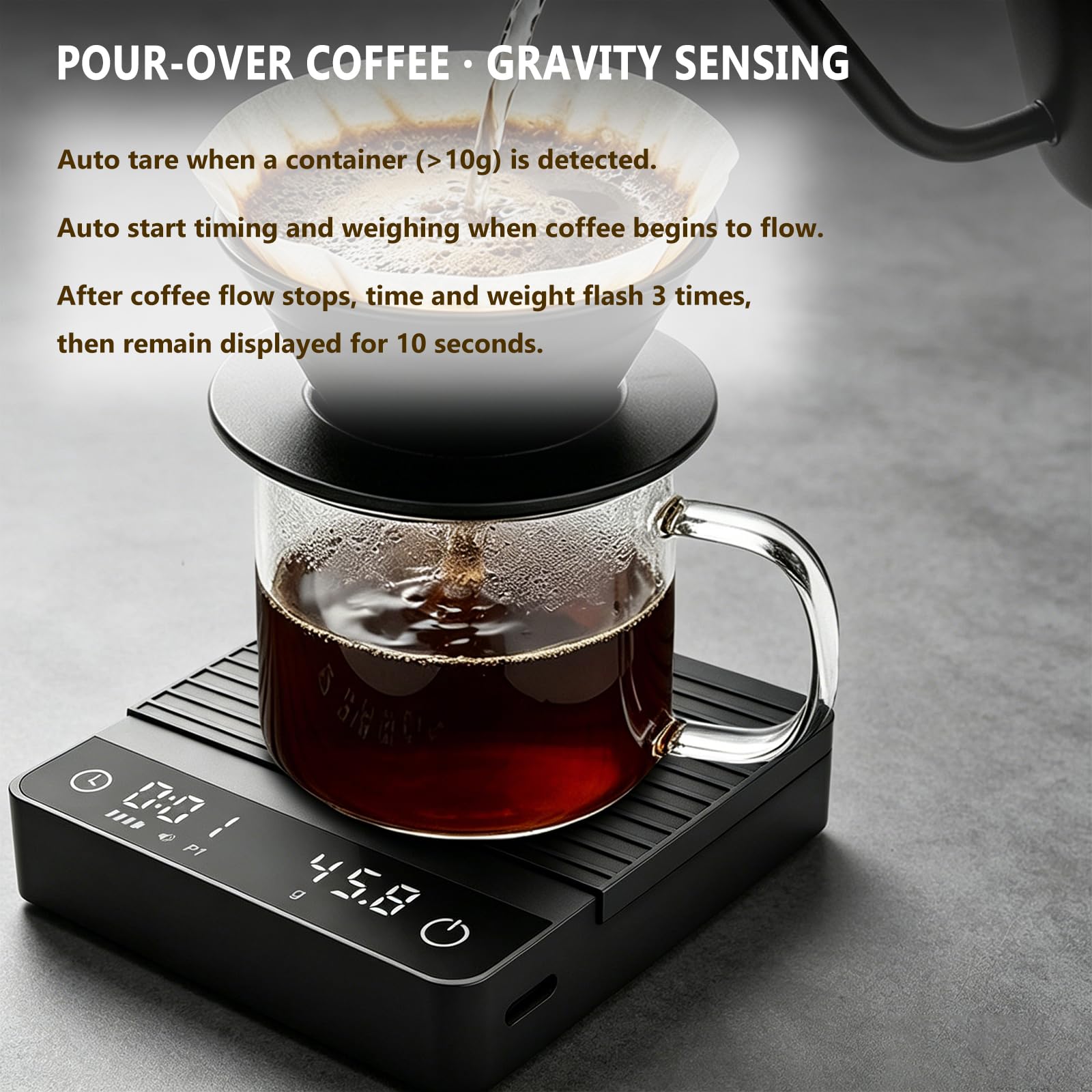 Mini-Kaffeewaage mit Timer, wiederaufladbare Espressowaage mit Schwerkraftsensor, 2 kg/0,1 g, hochpräzise digitale Küchenwaage für Espresso & Übergießen, Schwarz