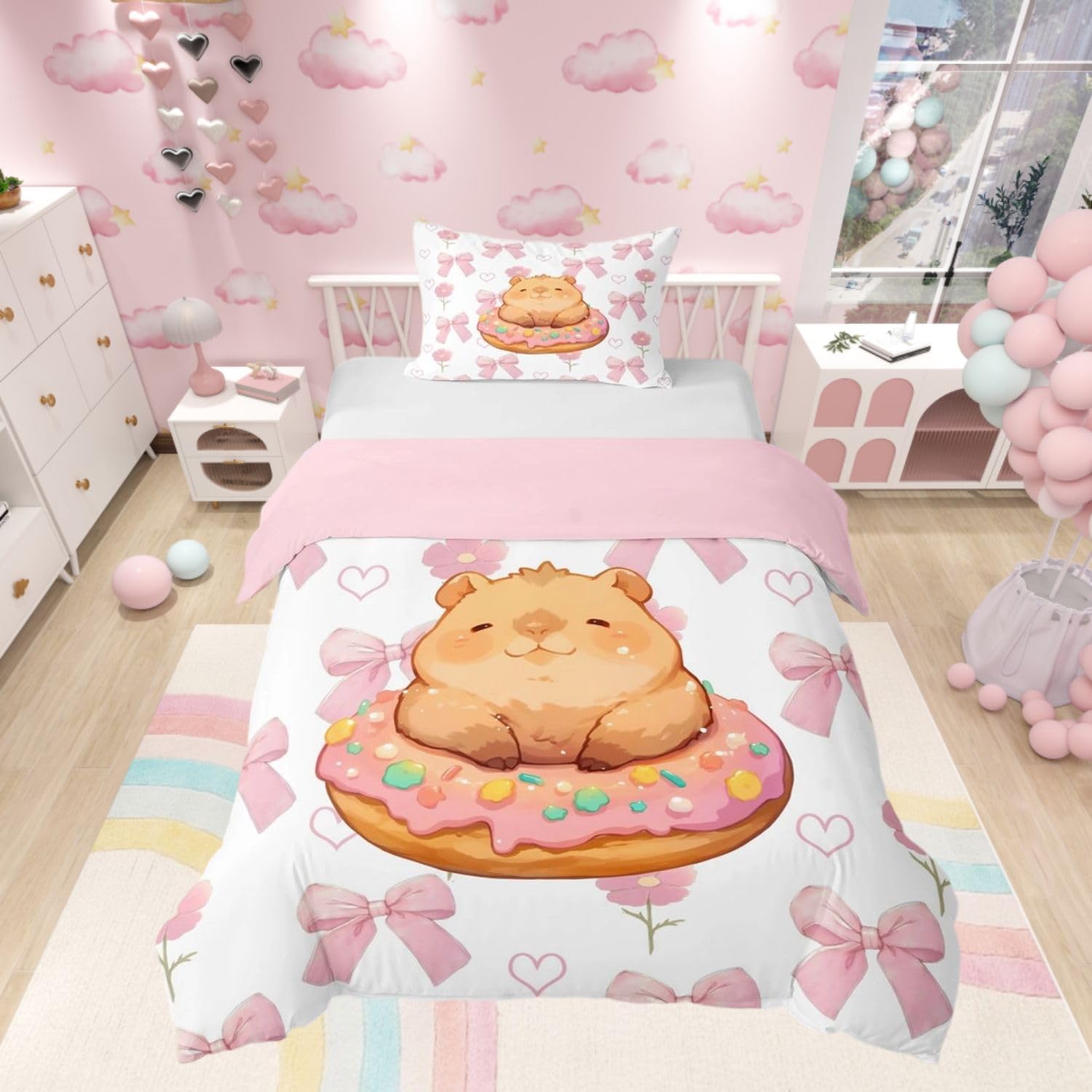 Homewish Girls Pink Bow Duvet Cover Set Kids Capybara Cot Bedding - Bowknot Florals Quilt Cover Sweet Capybara Donut Pattern Kawaii Princess Style Bed Set Pink Reversible with 1 Pillowcase
