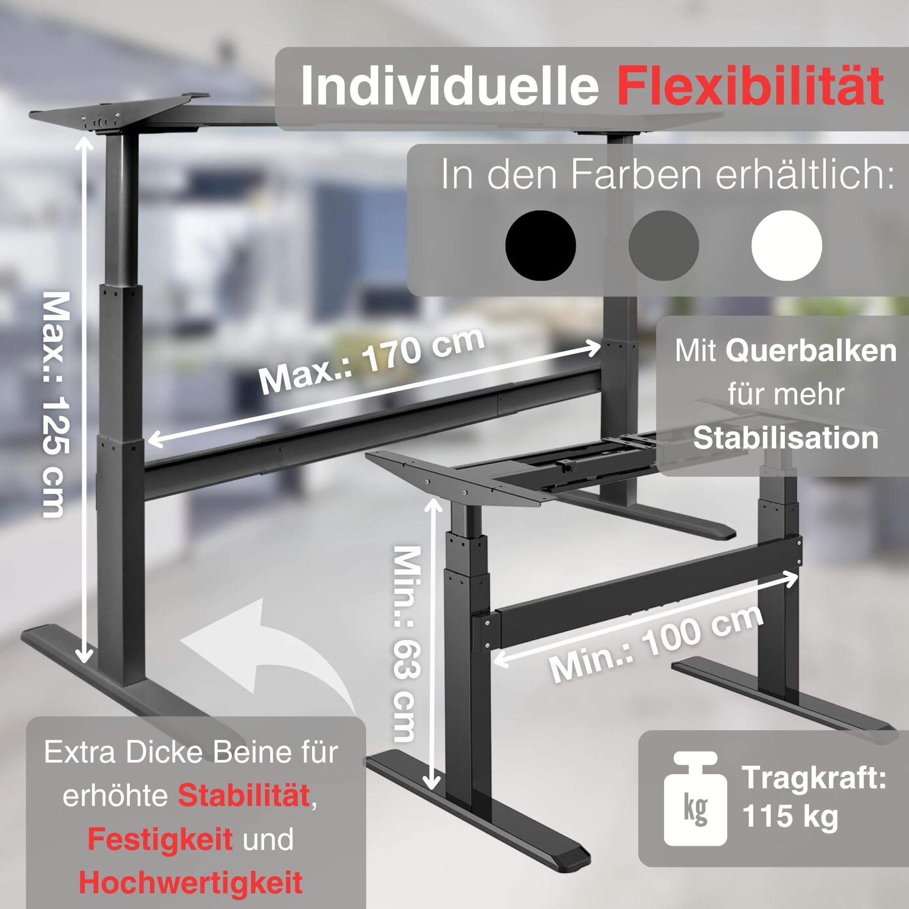 ergoPRO höhenverstellbarer Schreibtisch Gestell elektrisch 63-125 cm in grau I Schreibtischgestell höhenverstellbar mit 2 Motoren & Memory-Funktion I Tisch höhenverstellbar mit 3-Fach-Teleskop