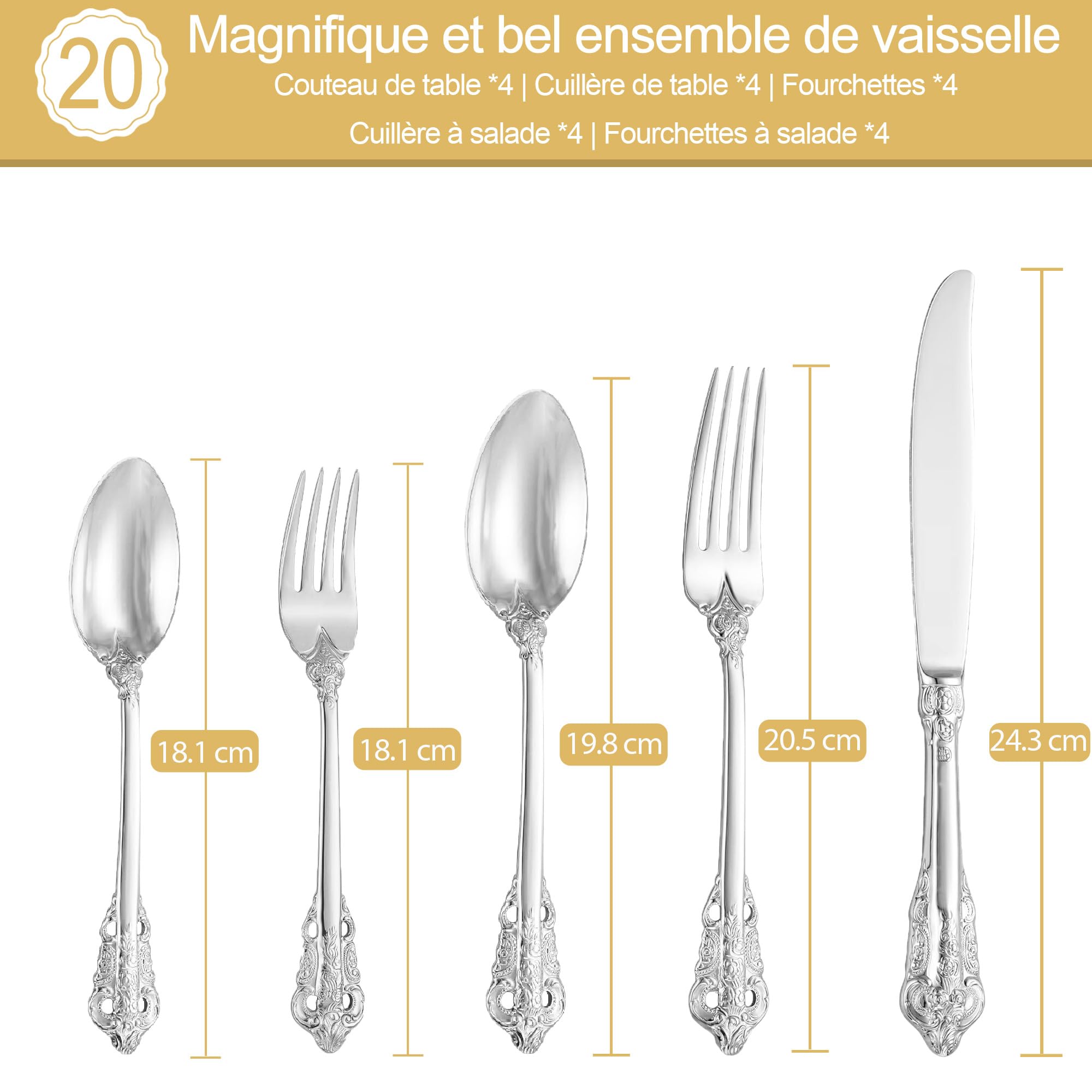 Magnifique ensemble de couverts baroques argentés 18/10 en acier inoxydable 20 pièces, ustensiles comprenant une fourchette, une cuillère et un couteau avec coffret cadeau