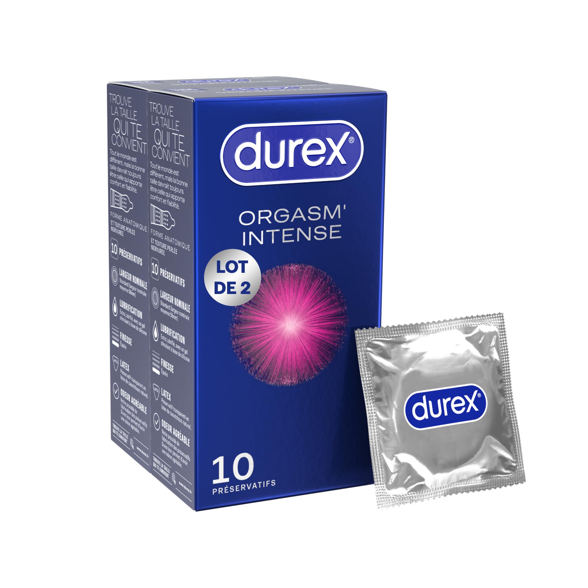 Durex - 20 Préservatifs Extra Lubrifiés Stimulants et Texturés - Avec Gel Desirex - Lot de 2 x 10 pièces