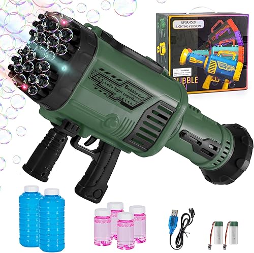 Miniatura 1 de Rotokas Pistola de burbujas para niños  Máquina de pistola de burbujas grande de 64 agujeros tiene luz colorida  Dos baterías recargables  seis