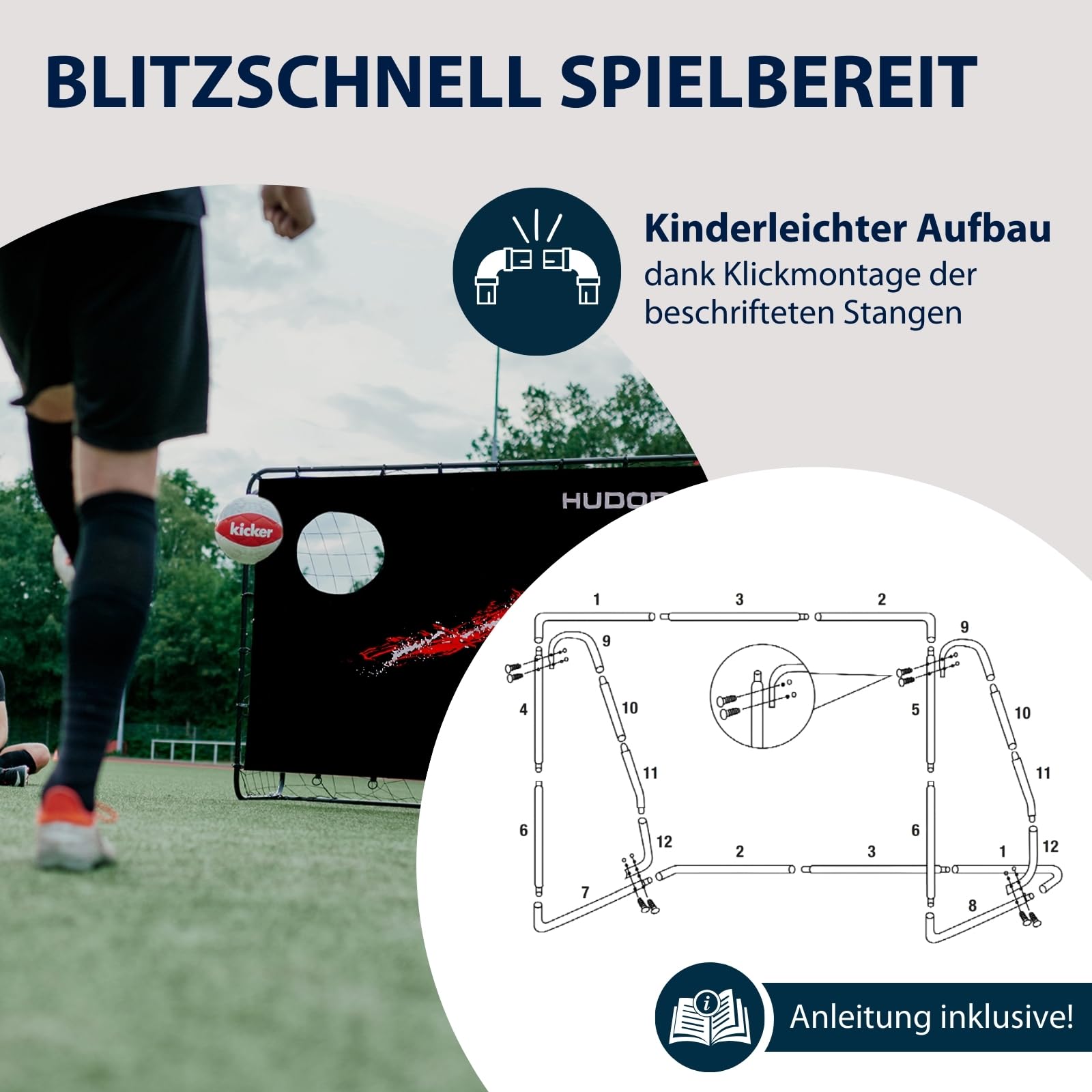 HUDORA Fußballtor Trainer mit Torwand - robustes Outdoor Fußballtor für Kinder & Erwachsene - Torwand mit zwei verstärkten Schusslöchern - wetterfestes Fußballtor für Training & Freizeit