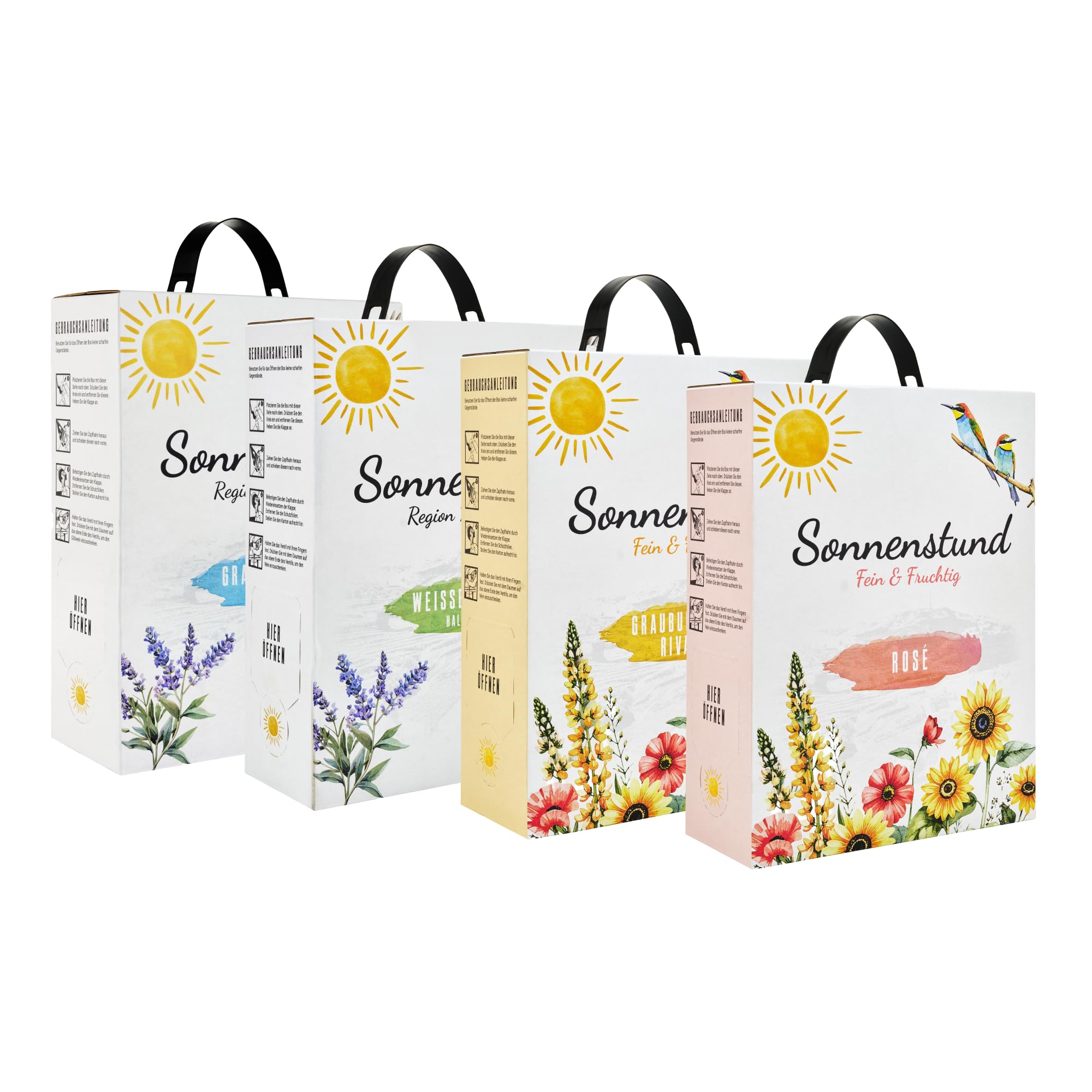 Sonnenstund Wein-Paket Grauburgunder trocken, Weißburgunder halbtrocken, Grauburgunder-Rivaner & Rosé feinfruchtig - sommerliche Weine in 3l Bag-in-Box für Feste & Alltag (4 x 3 l)