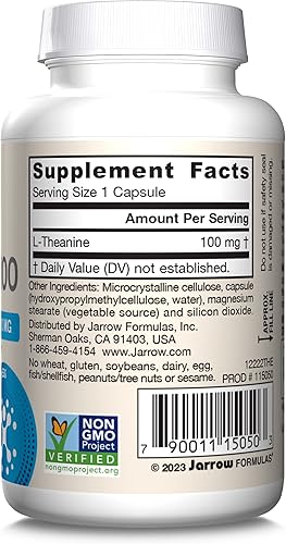 Vista 10 de Jarrow Formulas Teanina de fuerza regular 100 mg, suplemento dietético, 60 cápsulas, suministro para 60 días