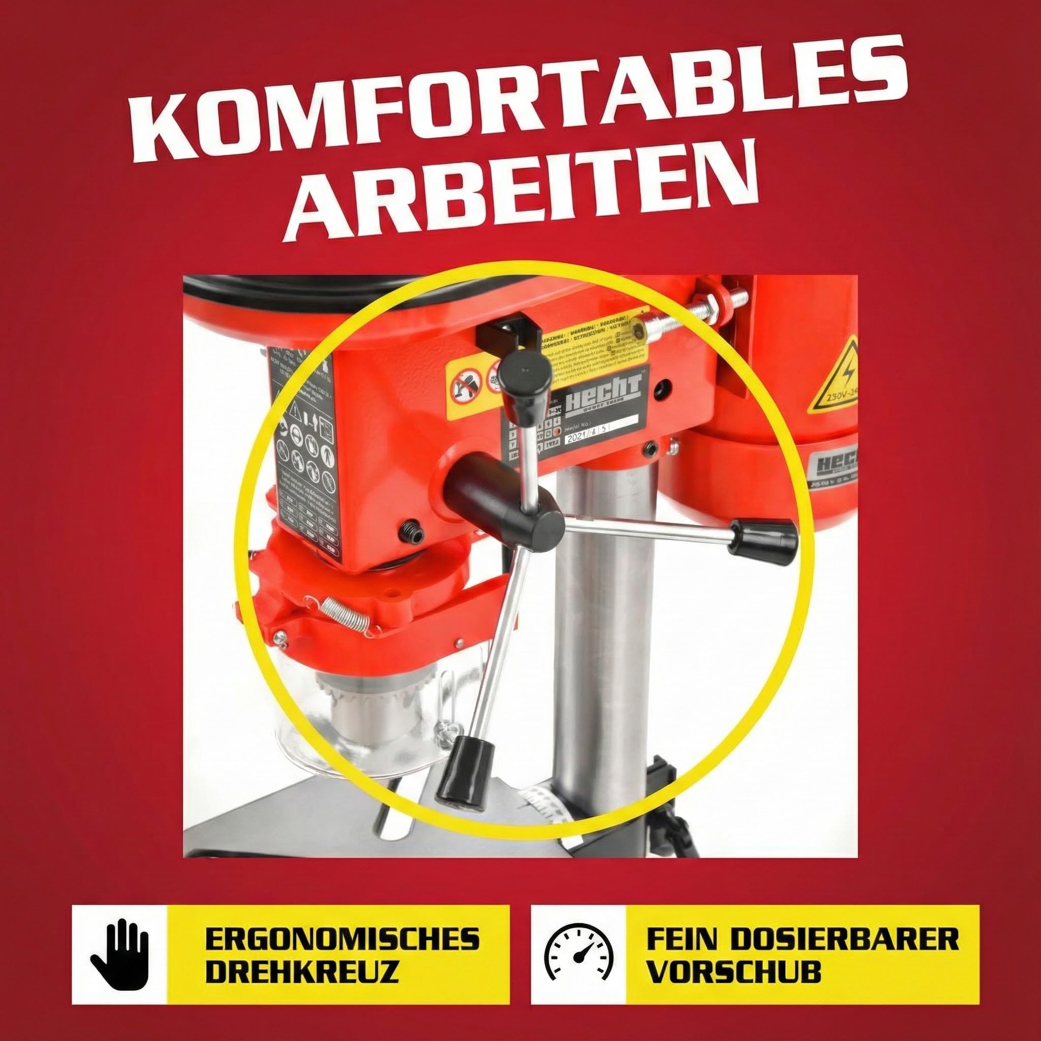 Hecht Standbohrmaschine, Säulenbohrmaschine mit starken 500 Watt – 9-stufige Dreh-zahlregelung, drehbar - und höhenverstellbarer Bohrtisch – Späneschutz - Ideale Standbohrmaschine, Tischbohrmaschine