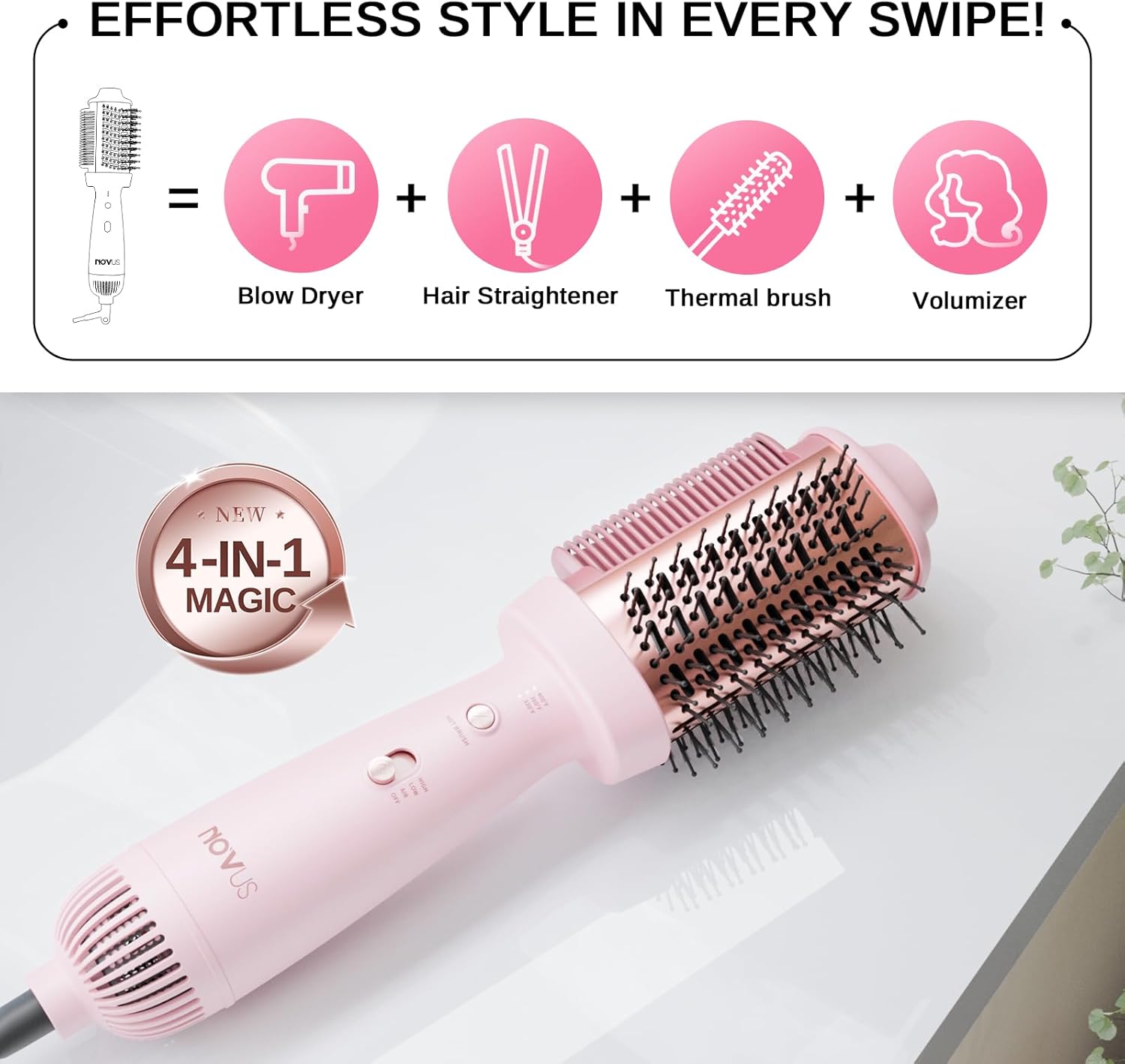 4-in-1 Blow Dryer Brush & Hair Straightener - NOVUS Ionic Hot Air Styler with Titanium Barrel, Volumizer for Frizz-Free Smoothing, Blowout Tool for All Hair Types (Pink)