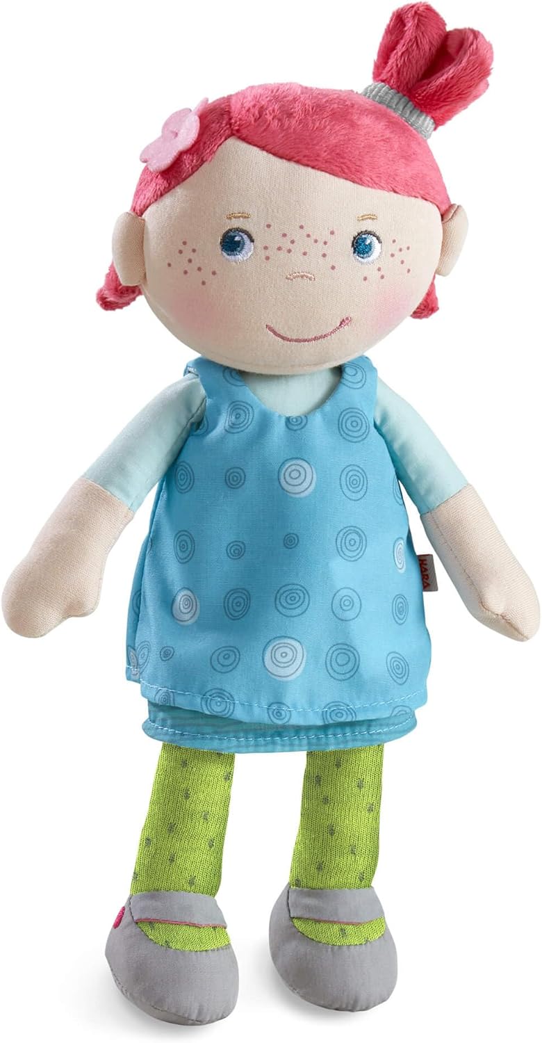 HABA Snug Up Philine 10" Toddler Soft Doll - Embroidered Face, Pink Pigtails, Removable Blue Dress, Machine Washable for 18M+