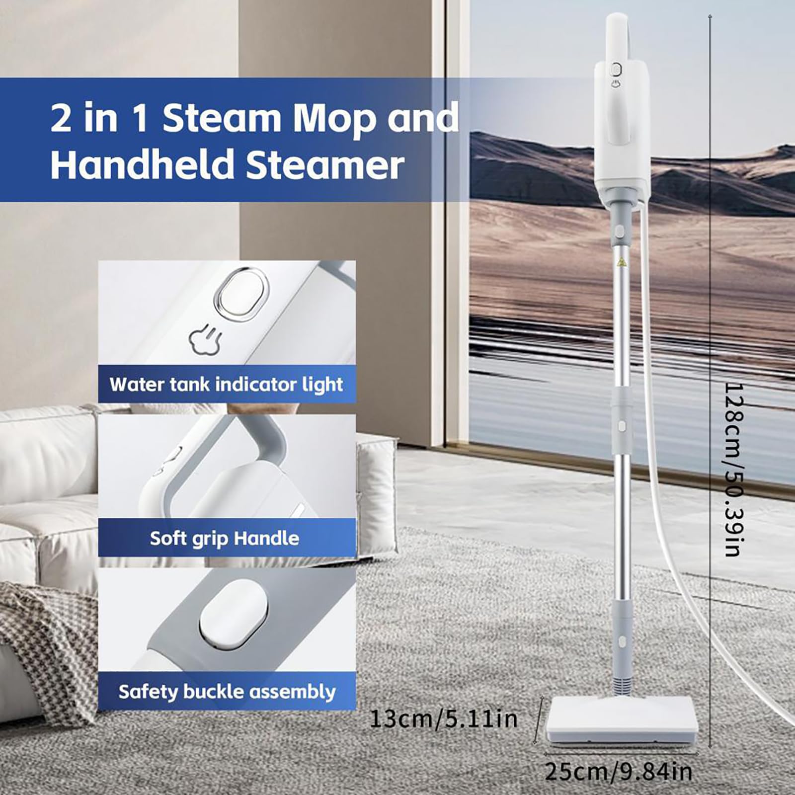 Wielozadaniowy mop parowy, zbiornik na wodę o pojemności 370 ml, moc pary o mocy 1500 W, odłączana jednostka ręczna, odpowiednia do podłóg z twardego drewna, podłóg laminowanych, płytek, okien