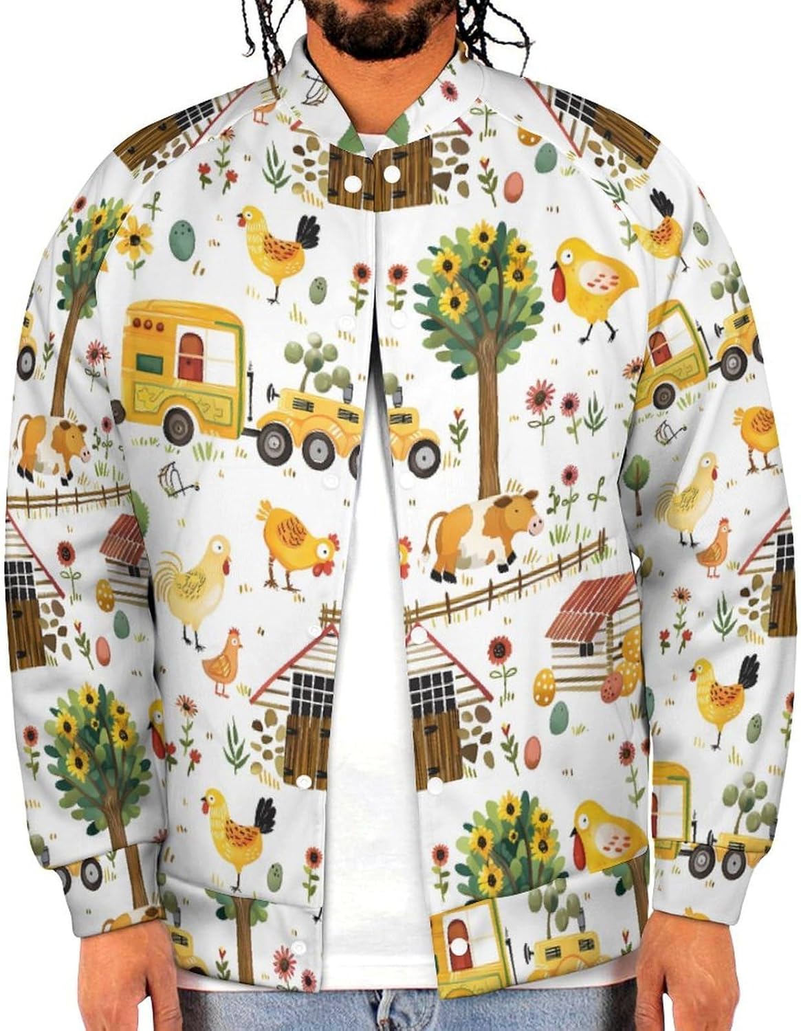Farm Animals Novelty Men's Baseball Jackets Causal Sweatshirt Button Top Long Sleeve Coat