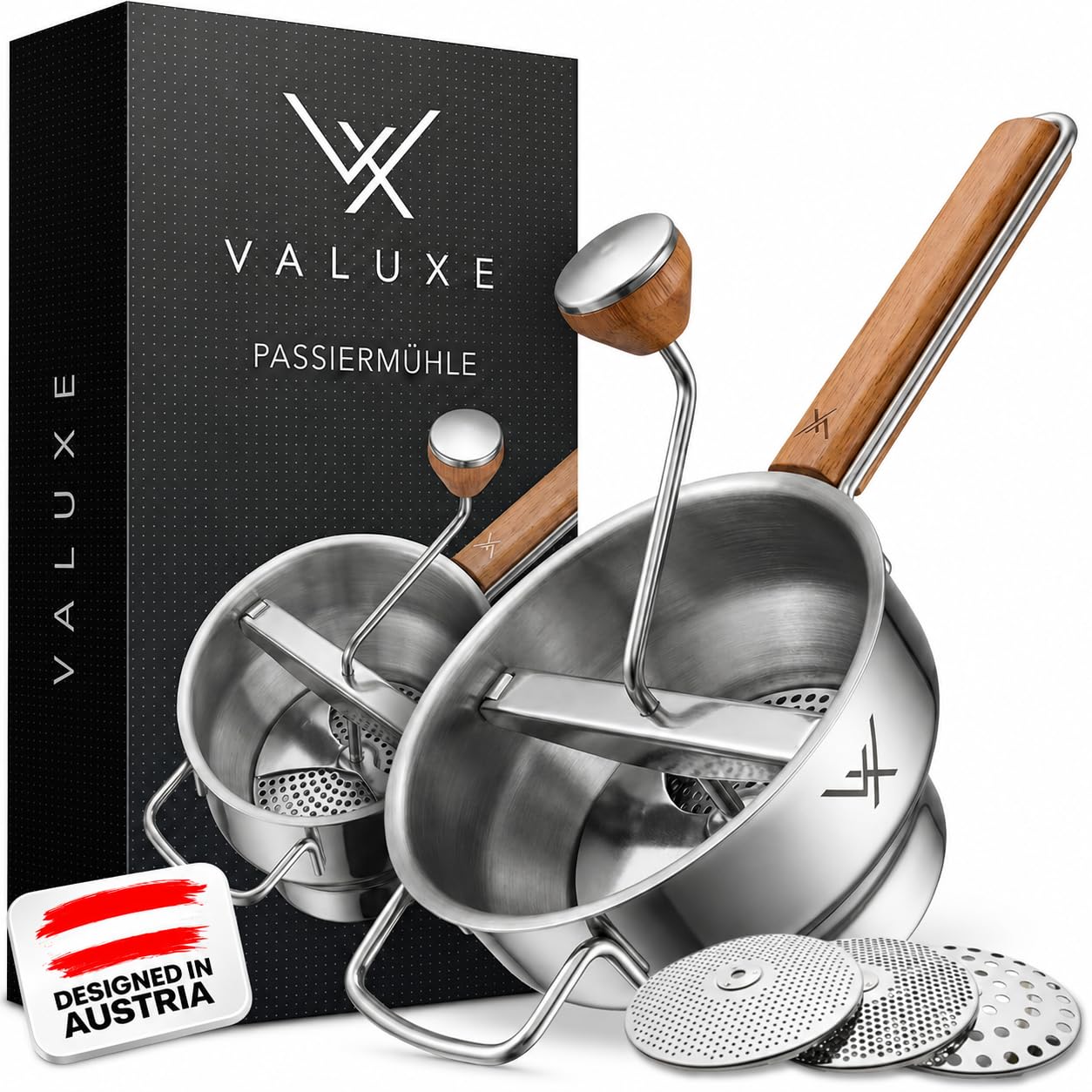 VALUXE® Premium Passiermühle Edelstahl mit 3 Passiersieb-Einlagen – mit 2,3 L Füllvolumen und rutschfestem Eichenholz-Griff – Multifunktionales Passiergerät für Soßen, Marmeladen, Apfelmus