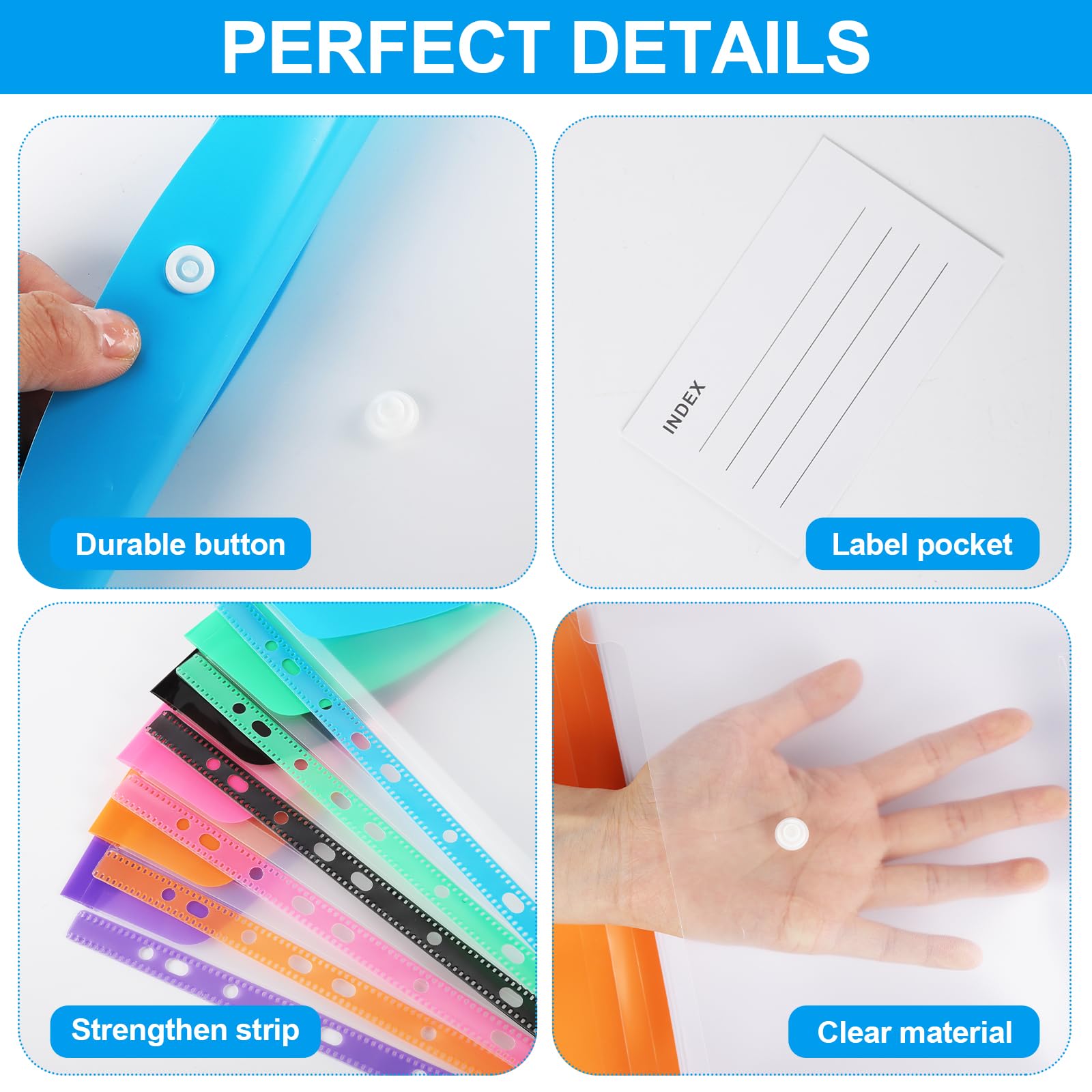Plastic Wallets A4 Punched Pockets, 11 Holes Expandable Binder Folders for 2/3/4 Ring Document Pouch with Snap Button & Label Loose-Leaf Transparent for Office School Home (24 Pack - Top Open) - Image 3