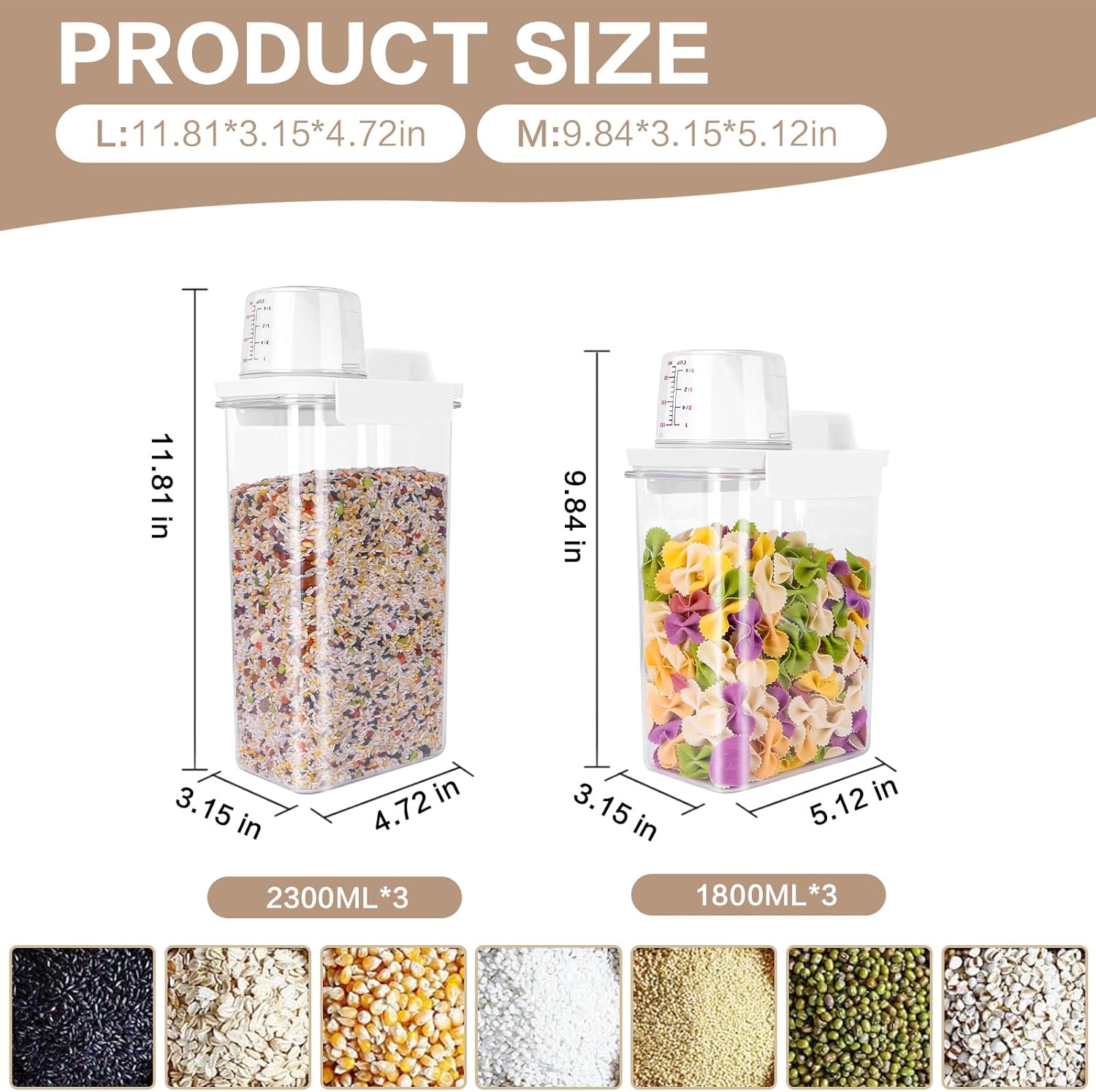 Air Tight Cereal Container Organizer Set of 6 - 1800ML & 2300ML Total 417oz, Dry Food Storage for Pet Food, Rice, Oatmeal with Pour Spout Lid and Plastic Small Measuring Cup for Flour and Sugar