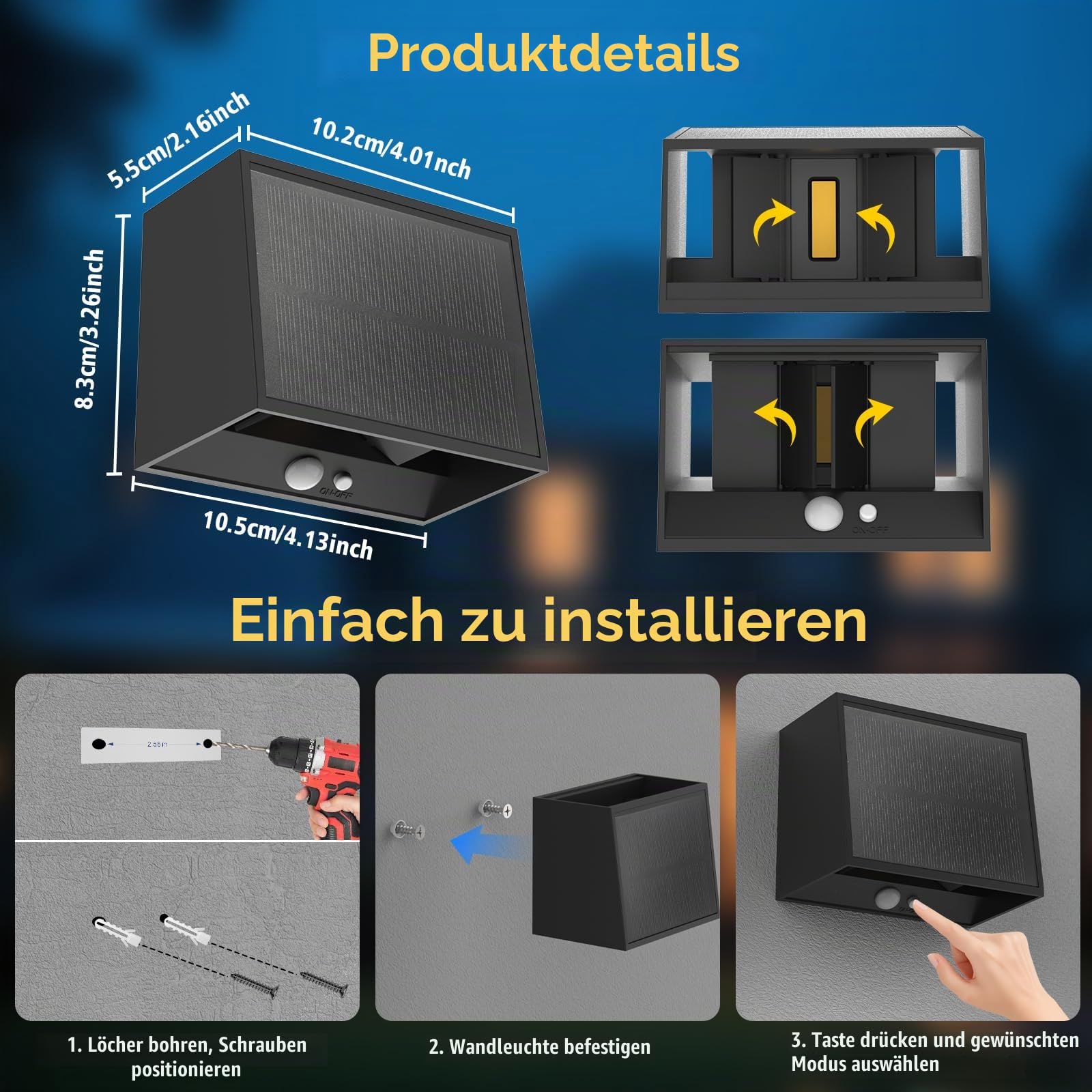 T-SUN Solar Wandleuchte Aussen mit Bewegungsmelder, 3000K Warmweiß, 4 Stück | IP65 Wasserdicht Solar Wandlampe,LED Solarlampen für Außen,3 Modi,Auf und ab Einstellbarer Lichtstrahl,für Garten Zaun Balkon