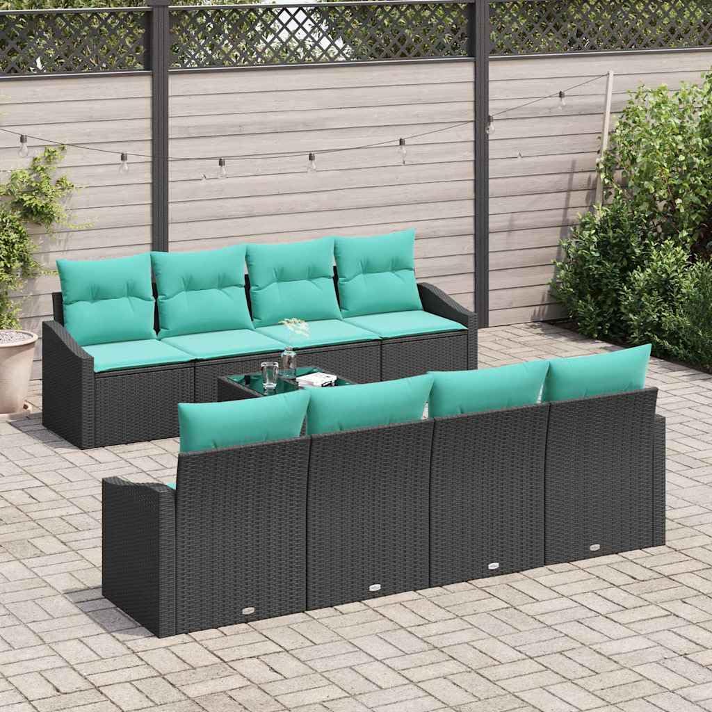 Set di mobili da giardino in polyrattan con tavolo, colore nero e turchese | Seduta modulare con tavolo regolabile in altezza e comodi cuscini per giardino, terrazza e balcone.