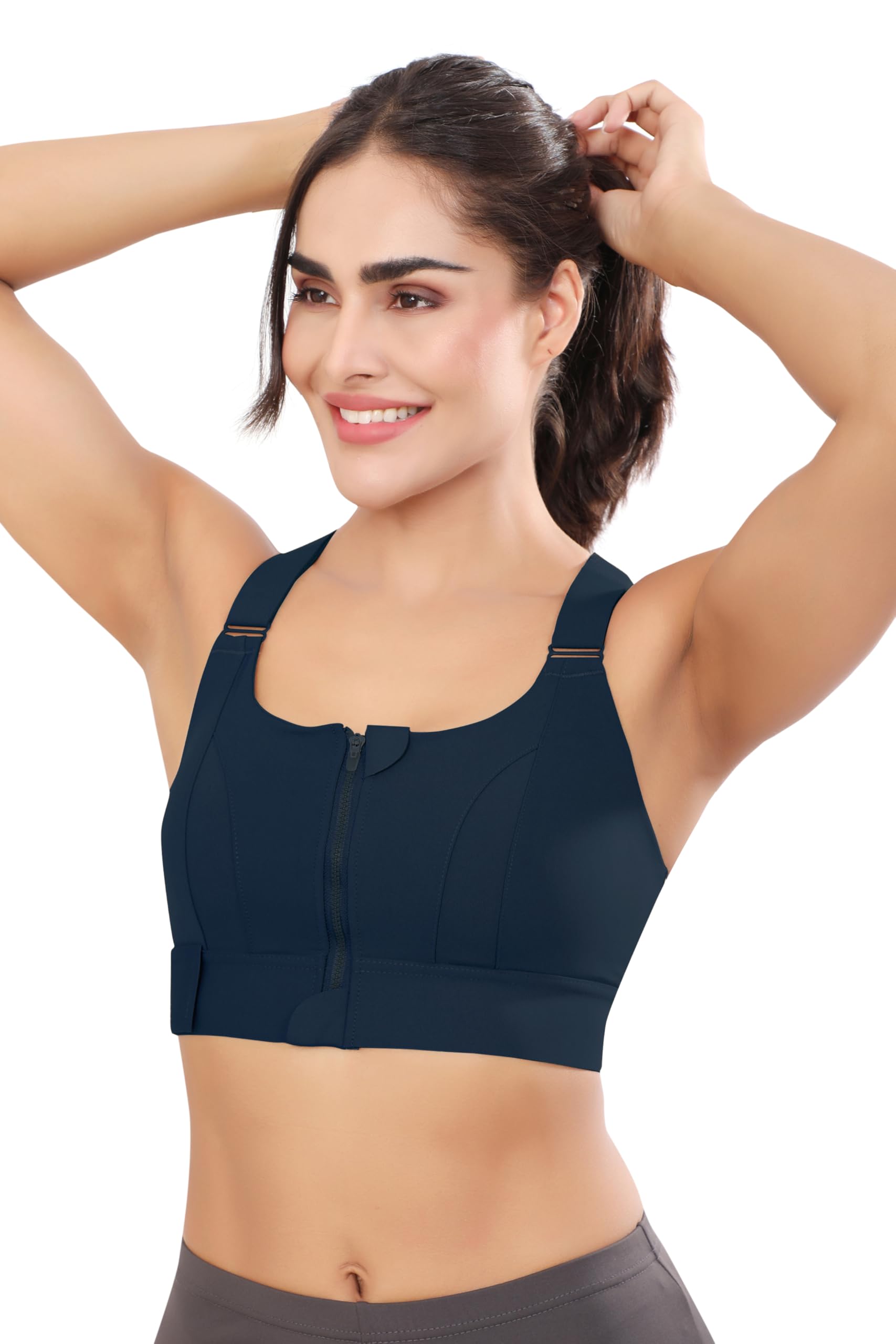 Fabluk Women Polyester Spandex High Impact Front Zip Sports Bra Fitness Criss Cross Back Crop Tops for Gym, Yoga & Workout - Size: M-4XL