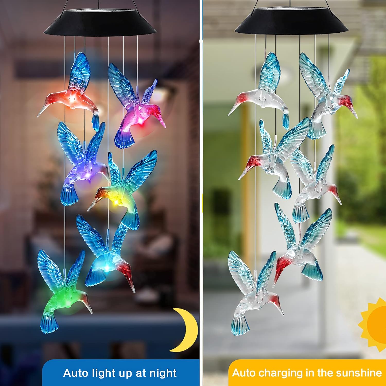 Hummingbird Solar Wind Chimes Color Changing Solared Lights Outdoor Waterproof LED Wind Chimes Solar Powered Lights for Home Party Yard Garden Christmas Decoration(Blue) - Image 2