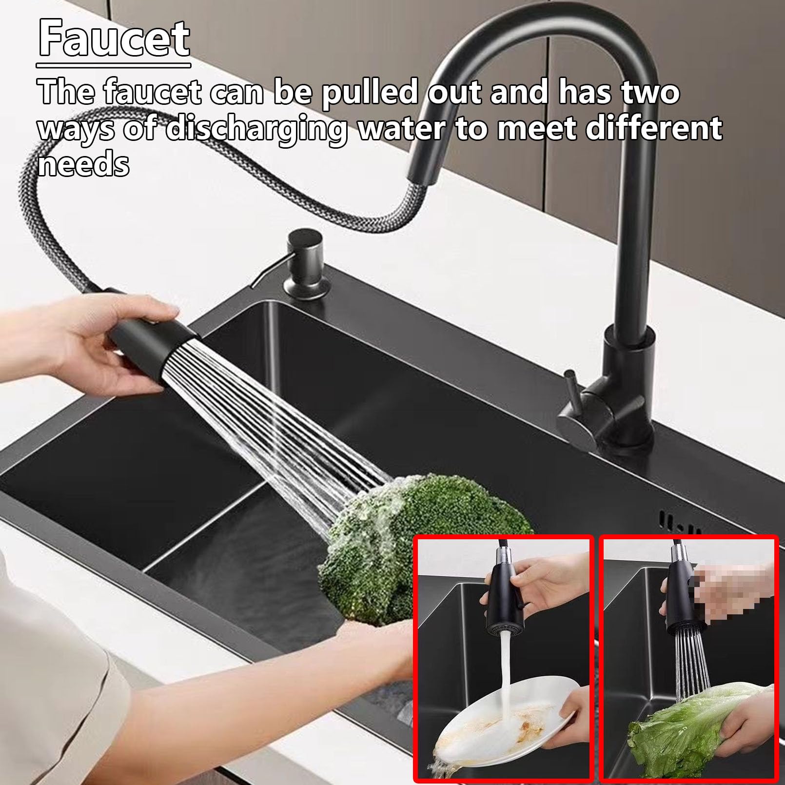 Fregadero de cocina hecho a mano, color negro, de acero inoxidable, profundo y fácil de limpiar, perfecto para cocinas modernas, instalación rápida