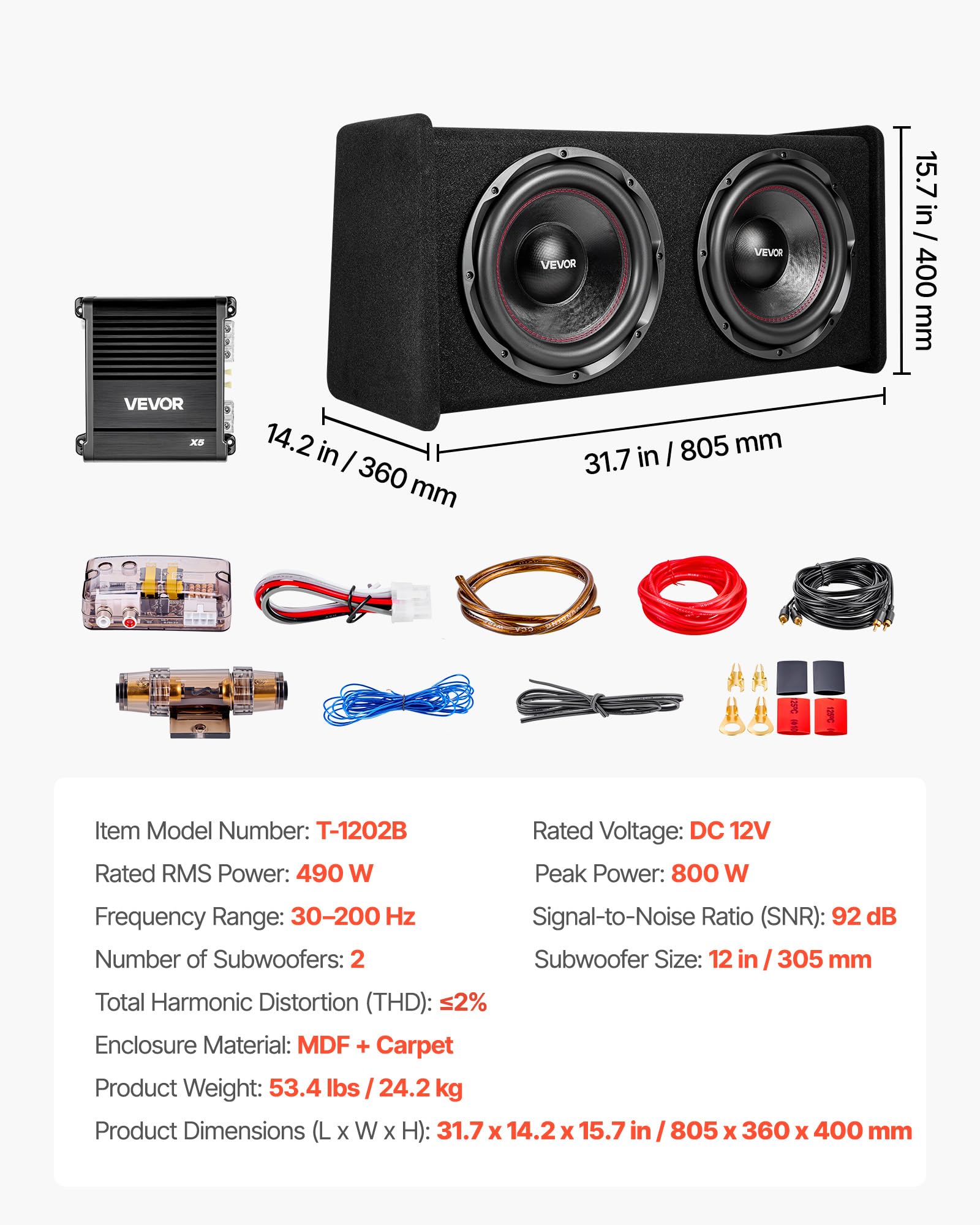 VEVOR Kit Subwoofer per Auto Sistema Audio con Cassa da 305 mm, Subwoofer Amplificatore 490 W RMS Separato Kit di Cablaggio, Pacchetto Amplificatore Gamma di Frequenza 30-200 Hz da Veicoli SUV Auto