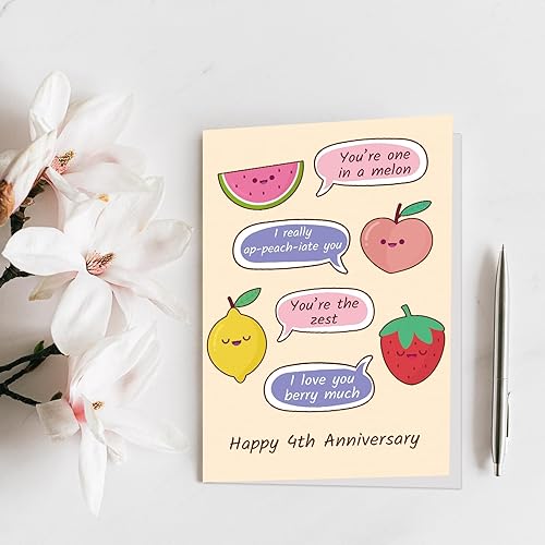 Miniatura 7 de Qiliji Tarjeta de 4 aniversario para marido y esposa, divertida tarjeta de aniversario de 4 aniversario de boda, tarjeta de juego de palabras de