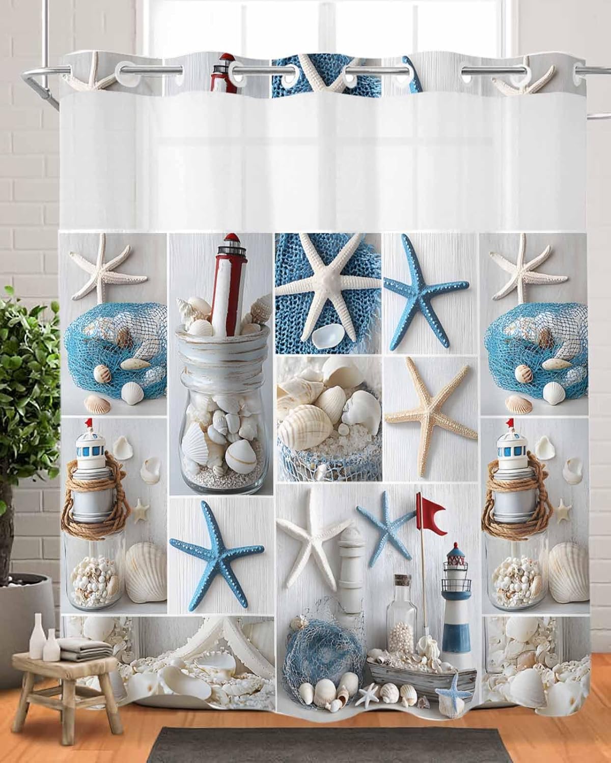 Ocean Theme No Hook Shower Curtain with Snap in Liner Coastal Beach Starfish Shell Lighthouse Shower Curtain for Bathroom, Fabric Waterproof Inner Liner, Hotel Style with Mesh Top Window, 72x72