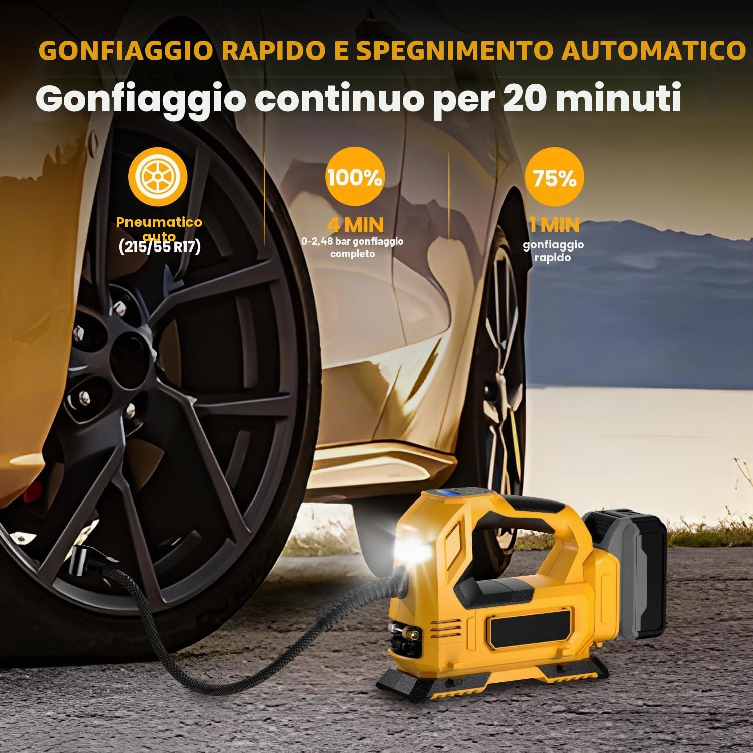 Compressore a batteria per DeWalt 18V (senza batteria), Pompa ad aria portatile a LED con manometro digitale, Compressore elettrico per auto, moto, biciclette, palloni sportivi