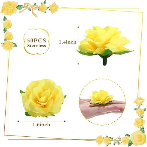 Miniatura 2 de Kesoto 50 rosas artificiales amarillas a granel, 1.6 pulgadas, pequeñas rosas falsas de seda para decoración, manualidades, fiesta de boda,