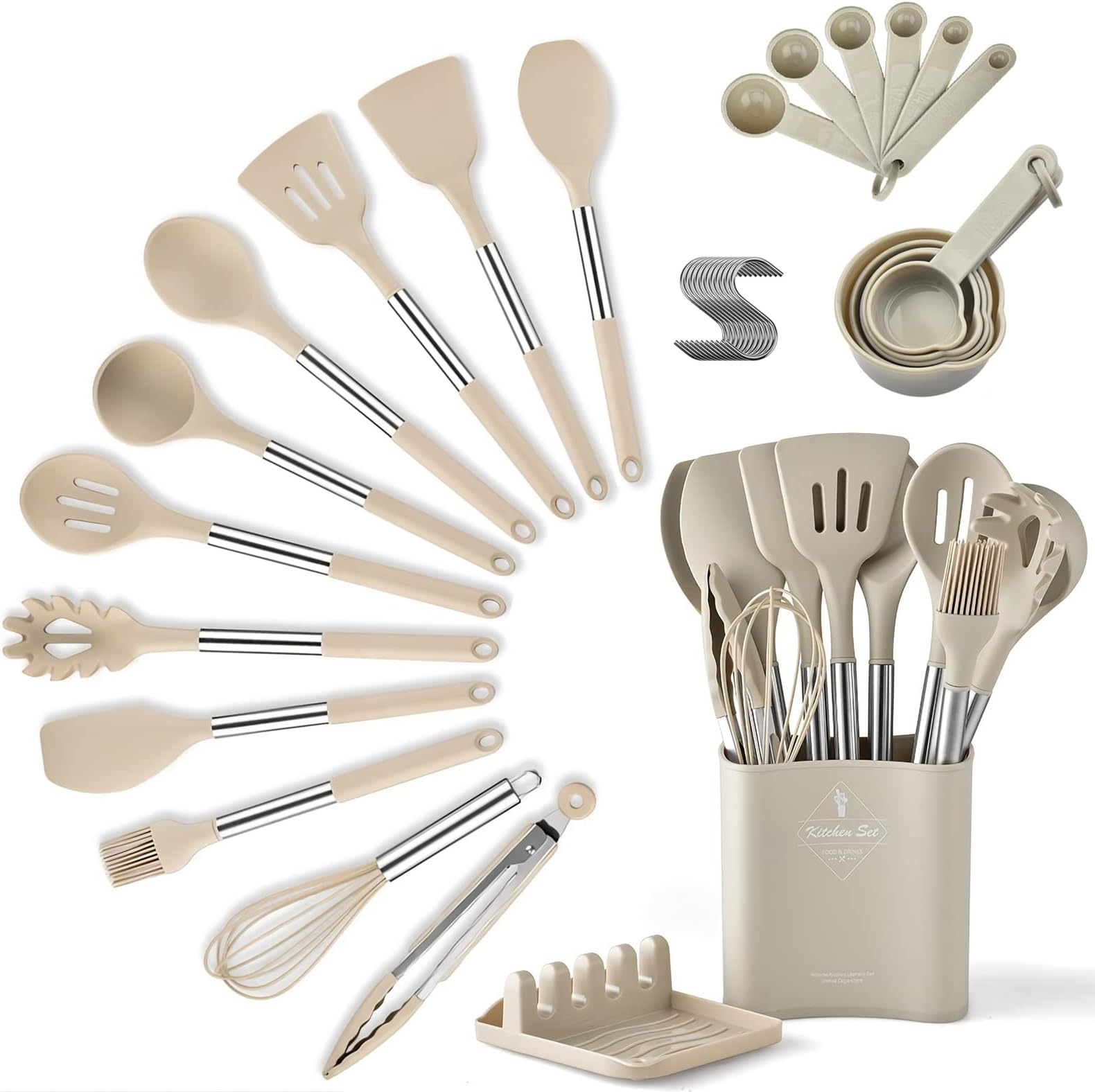 EYSOO Kitchen Cooking Utensils Set 34 Pcs Silicone Kitchen Gadgets Tools Set with Holder for Non-stick Cookware Heat-resistant Silicone Spatula Tools Set with Stainless Steel Handle (Khaki)