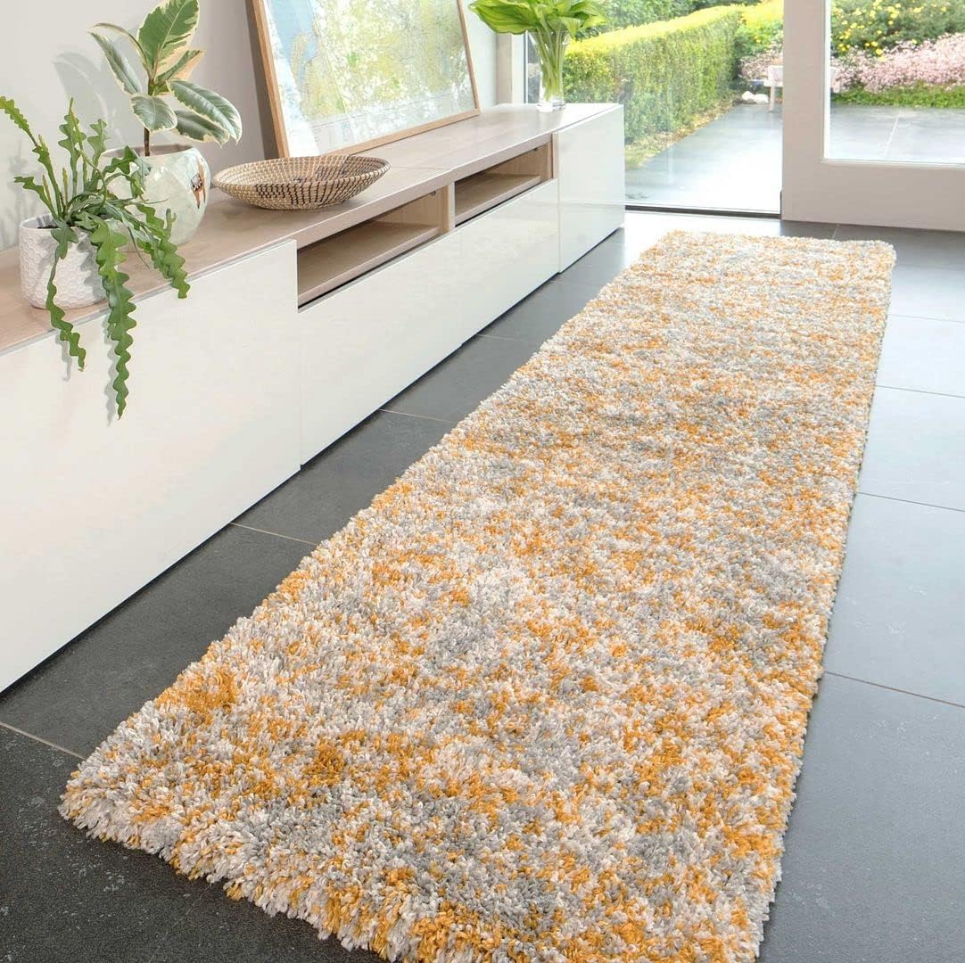 Modern Durable Plush Teal Blue Shaggy Runner Rug Mottled Speckled Ochre