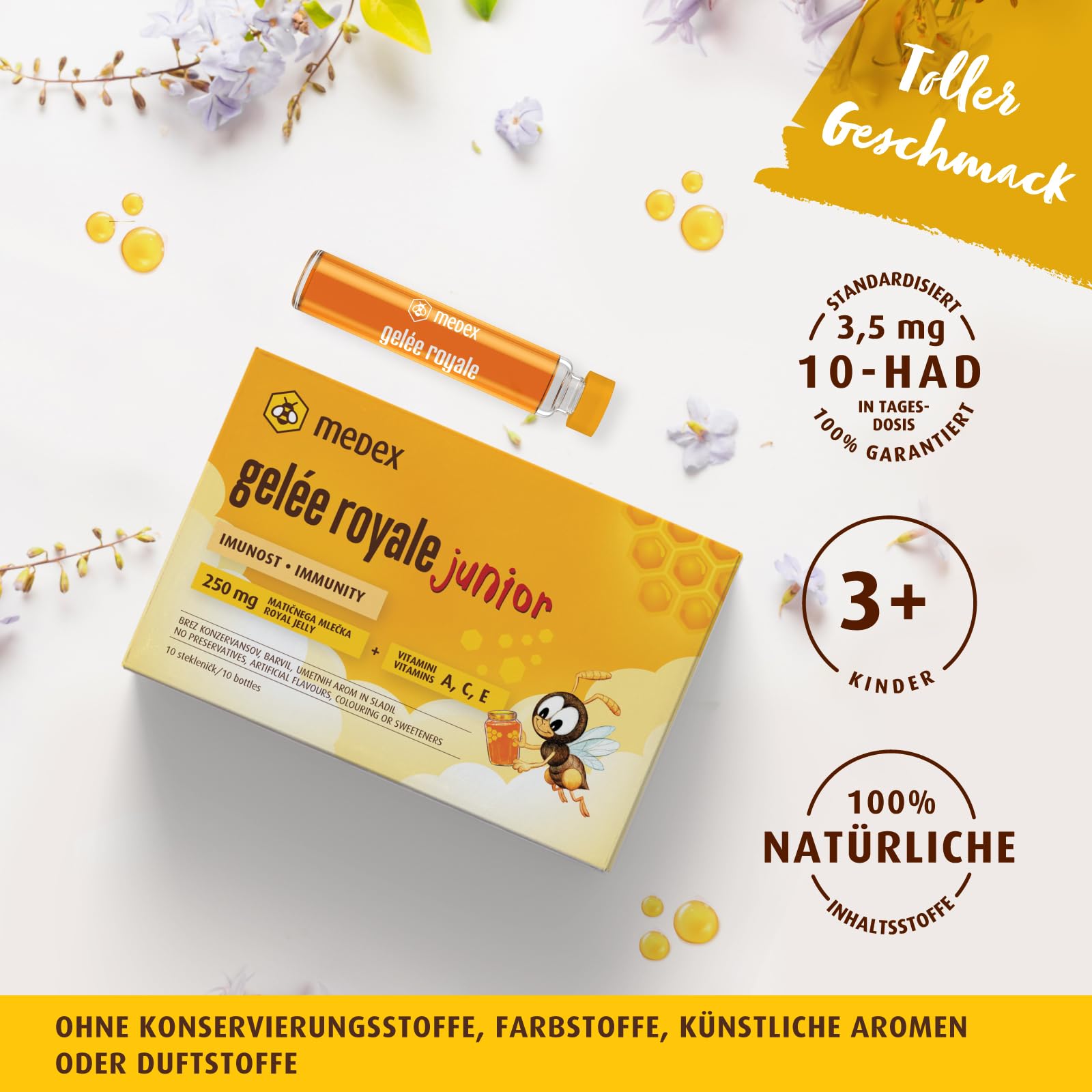Medex Gelée Royale JUNIOR, frisches Gelee Royal 250 mg, mit natürlichen Vitaminen A, C, E, ausgezeichneter Geschmack, ohne Süßstoffe, für Kinder ab 3+, Flüssigkeit in Ampullen 10 x 9 ml