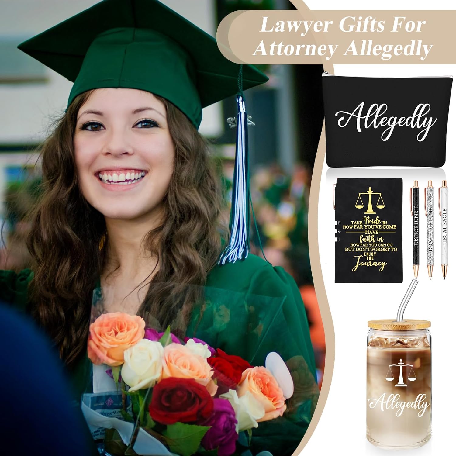 Domensi 6 Pcs Funny Lawyer Gifts Allegedly Essentials for Law School Student 16 oz Glass Cup Tumbler Makeup Bag Notepad Ballpoint for Women Valentine's Day Law Bar Study Paralegal Attorney(Black) - Image 5