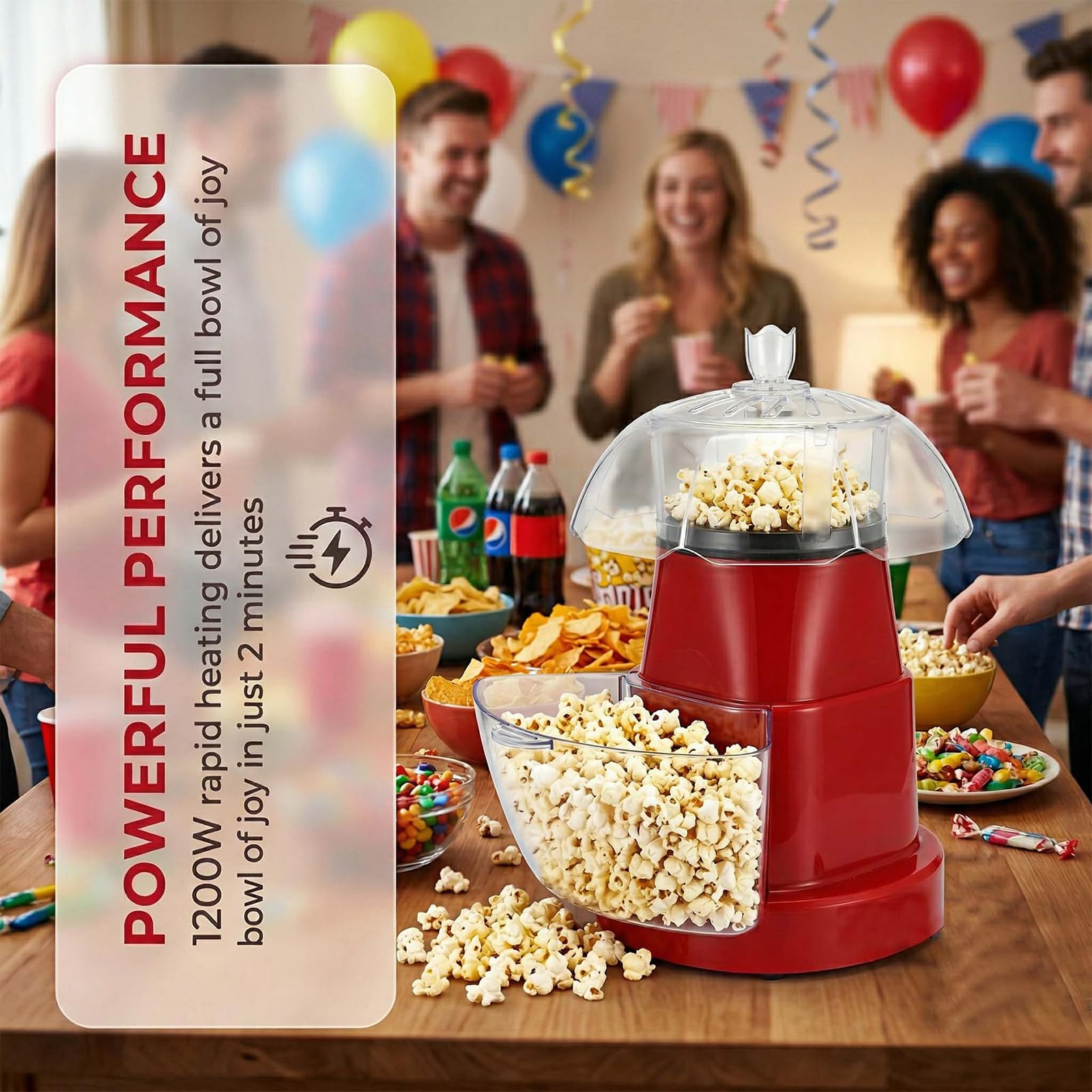 Popcorn maker elettrico da 1200W, con ciotola rimovibile e misurino | Macchina per Popcorn ad Aria Calda Senza Olio, Macchina Veloce per Snack Fatti in Casa per Serate Cinema in Famiglia