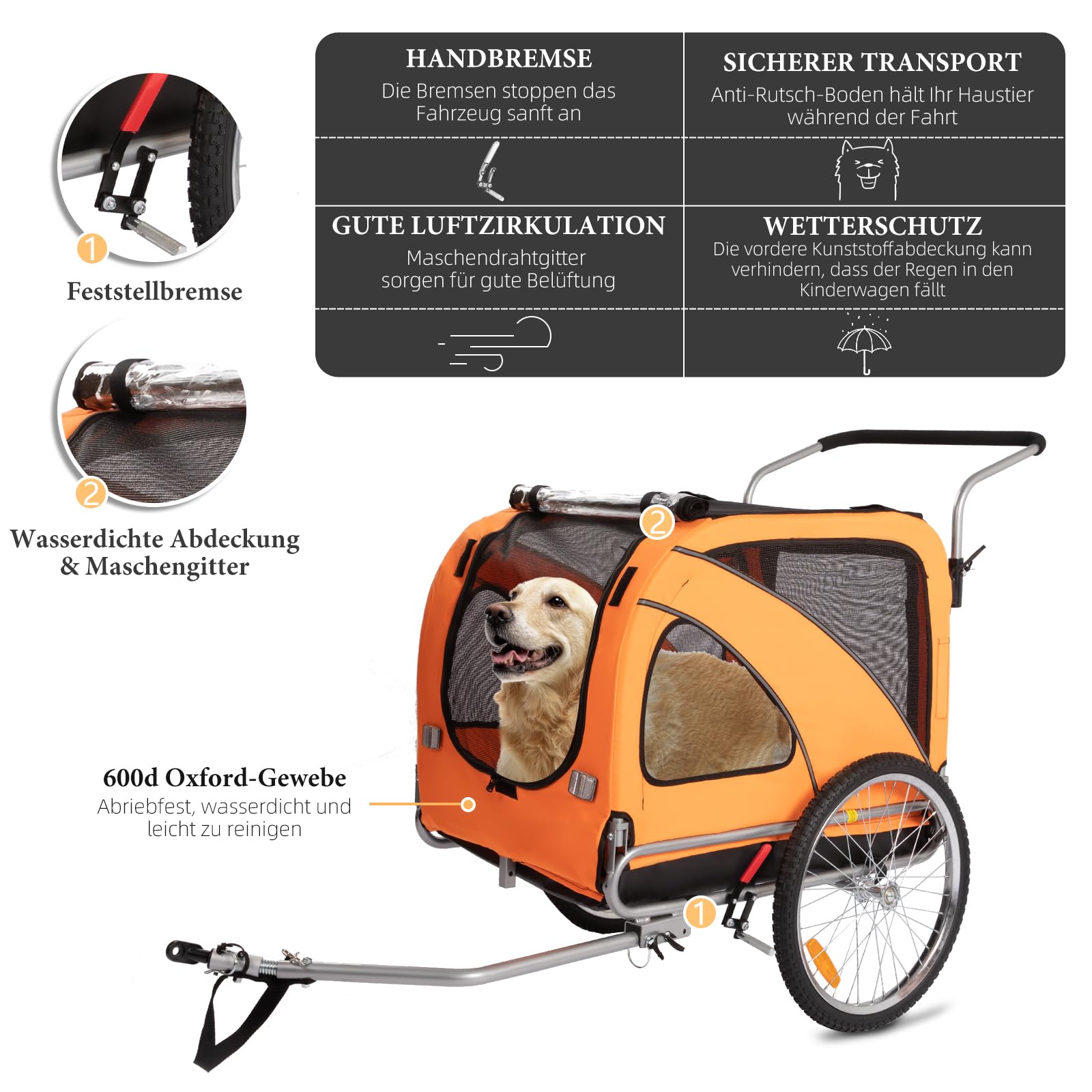 XL Hundeanhänger Fahrrad & Jogger 2-in-1 mit Handbremse und Reflektoren, stabiles 600D Oxford-Gewebe, Hundetransporter bis 40 kg