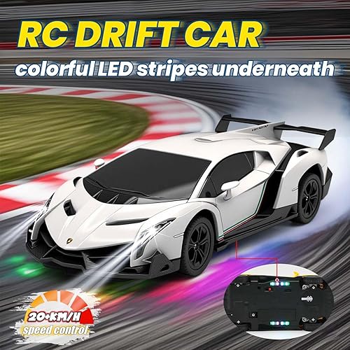 Miniatura 3 de QUN XING Auto a control remoto 124 con licencia oficial Lambo Veneno RC Drift Car con luces LED 2.4GHz 4WD 15KMH batería recargable de alta